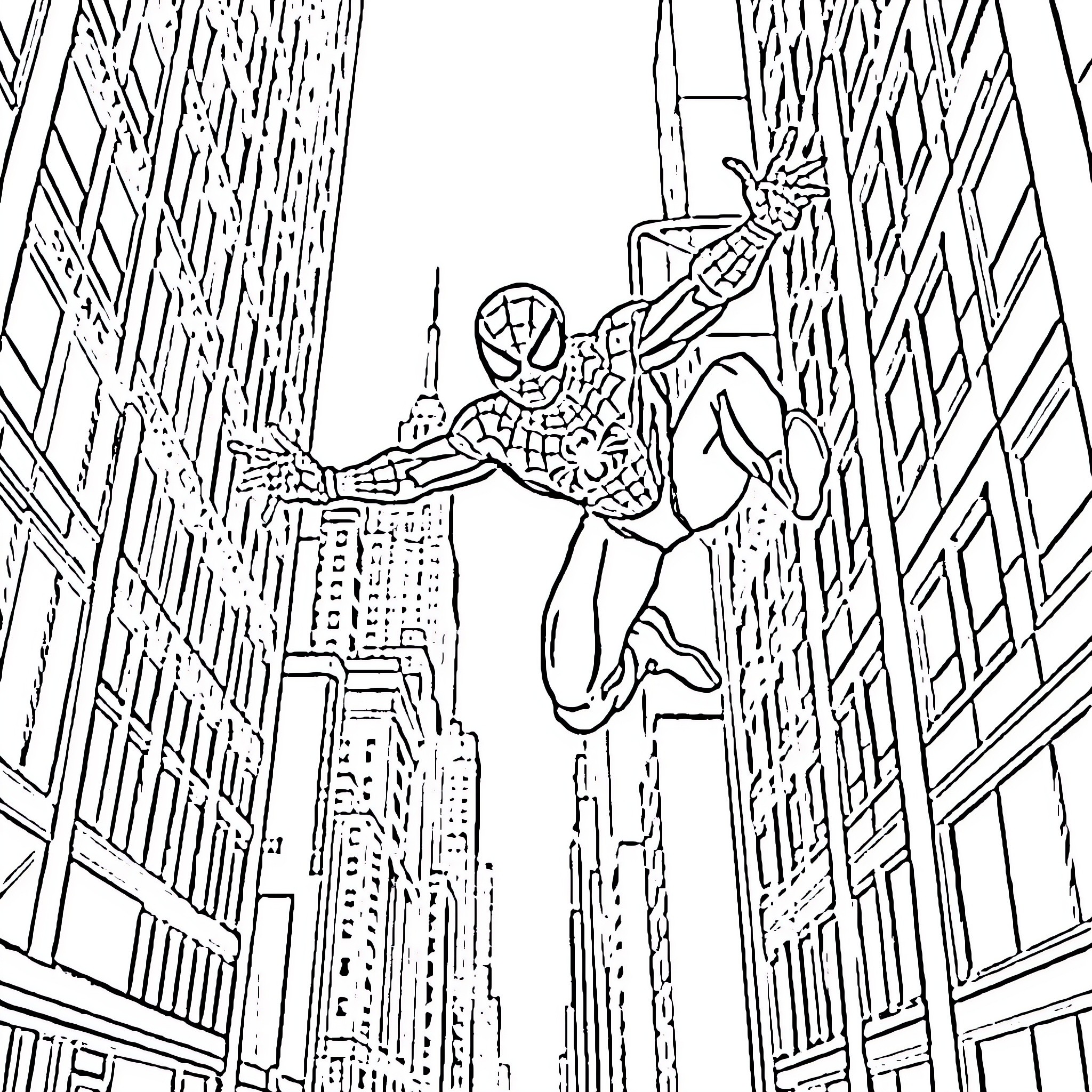 Spiderman swinging through the city skyline Coloring Page (free black-and-white line drawing printable PDF for all, from beginners to advanced learners, including children, teens, adults, and seniors)