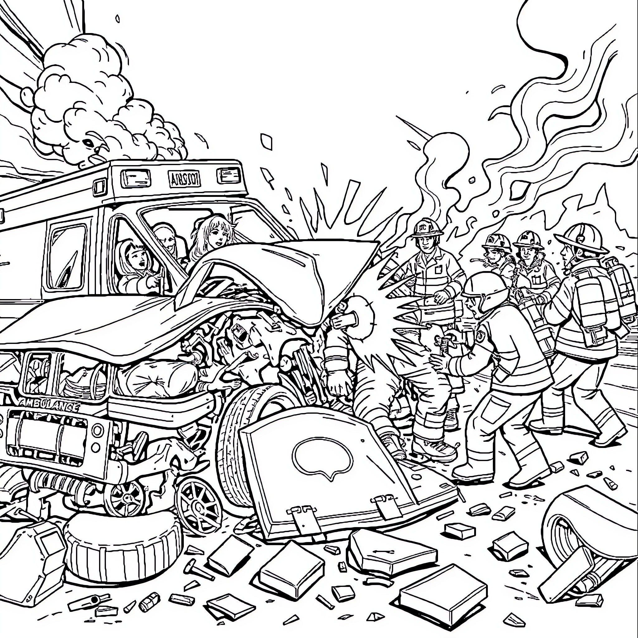 Car accident with firefighters and emergency response Coloring Page (free black-and-white line drawing printable PDF for all, from beginners to advanced learners, including children, teens, adults, and seniors)