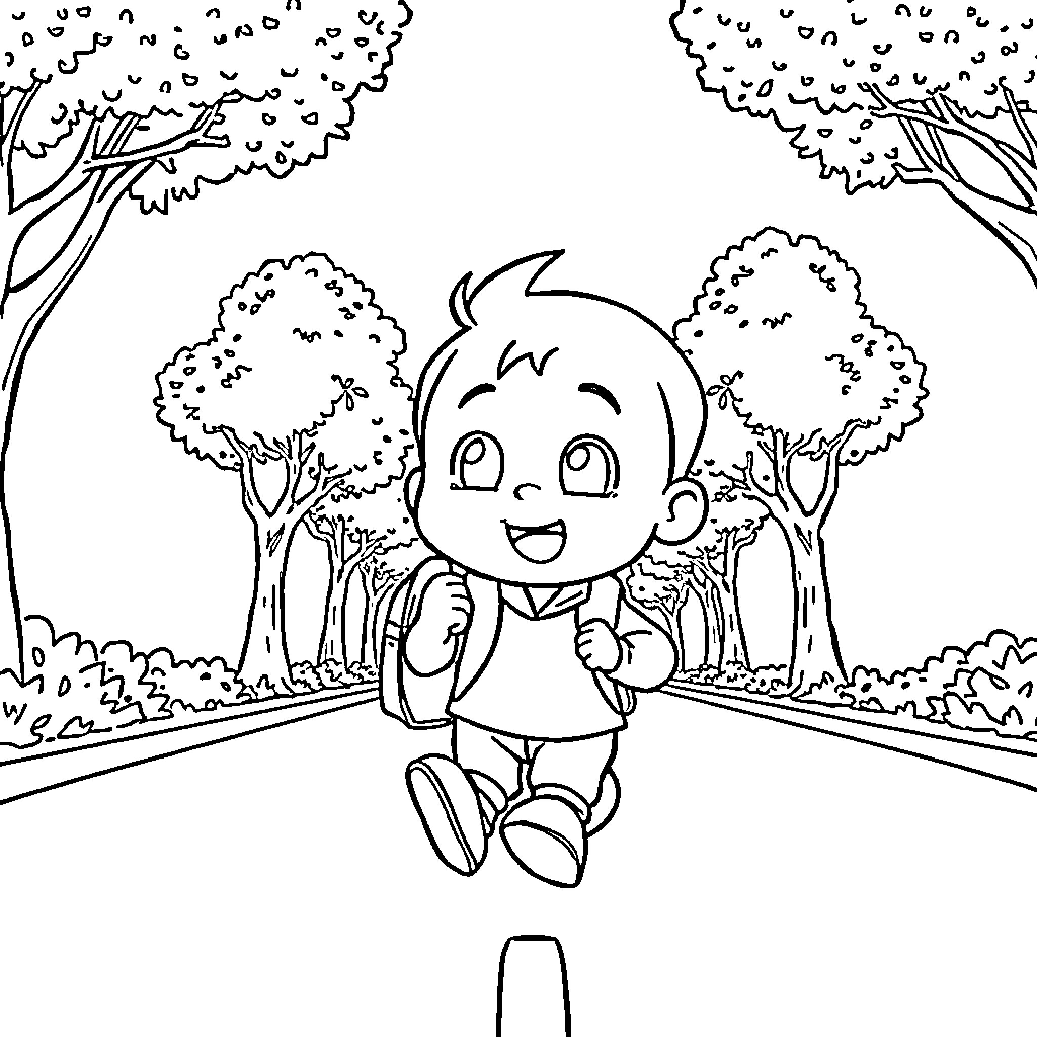 Chinchan enjoying a peaceful walk in the forest Coloring Page (free black-and-white line drawing printable PDF for all, from beginners to advanced learners, including children, teens, adults, and seniors)