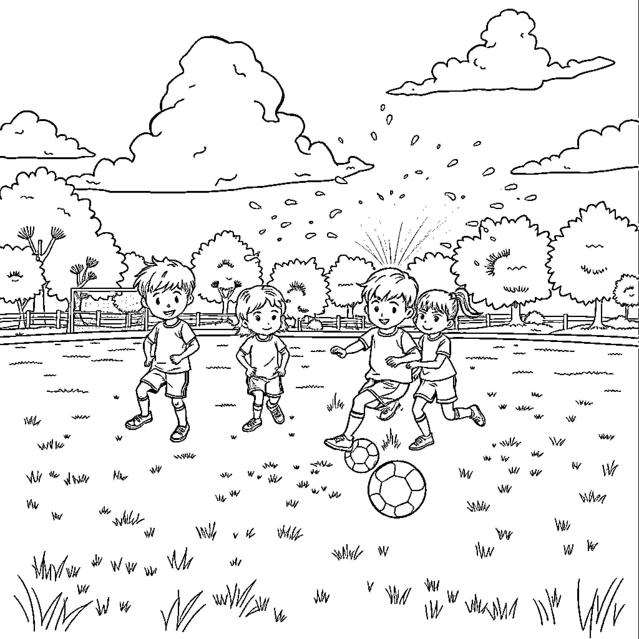 Soccer game among children in outdoor field Coloring Page (free black-and-white line drawing printable PDF for all, from beginners to advanced learners, including children, teens, adults, and seniors)