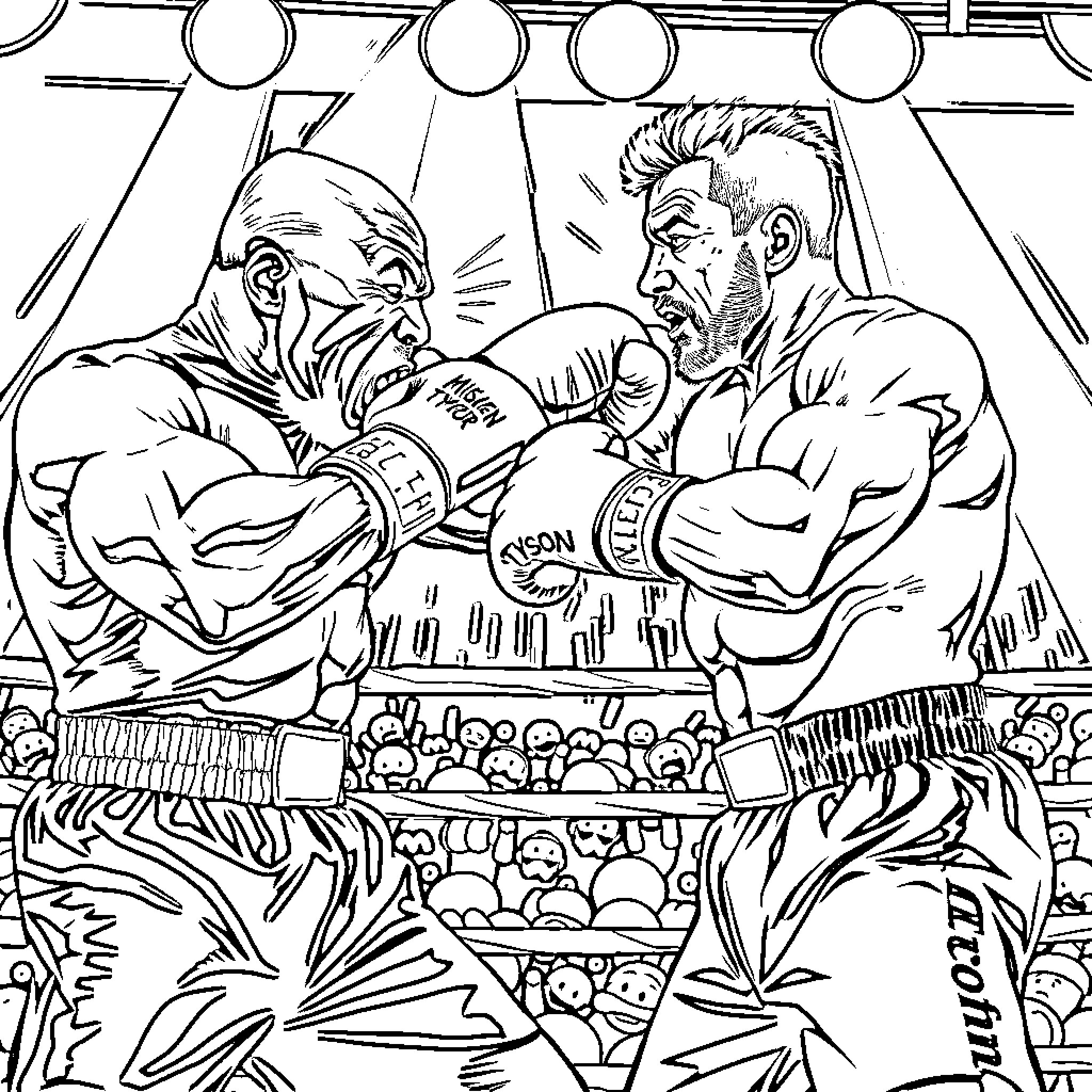 Mike Tyson boxing match in the ring Coloring Page (free black-and-white line drawing printable PDF for all, from beginners to advanced learners, including children, teens, adults, and seniors)