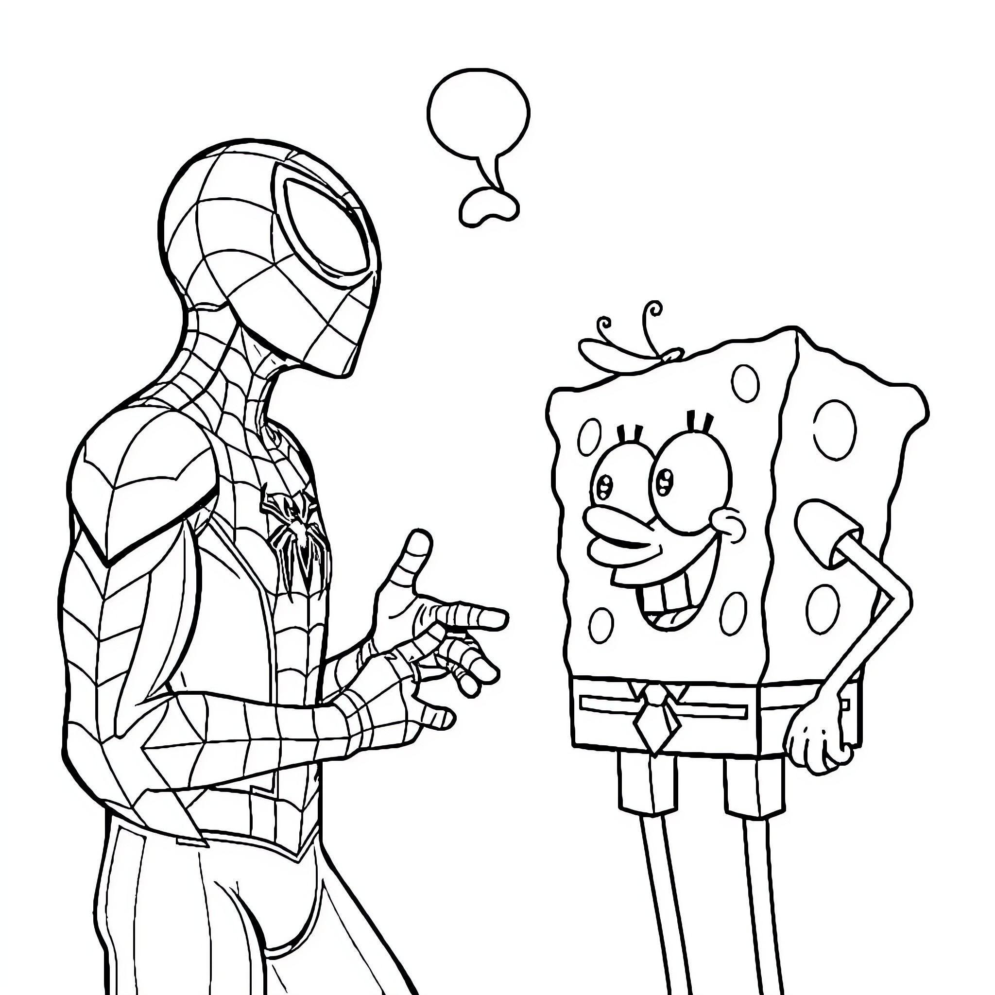 Spiderman meets Spongebob in an animated scene Coloring Page (free black-and-white line drawing printable PDF for all, from beginners to advanced learners, including children, teens, adults, and seniors)
