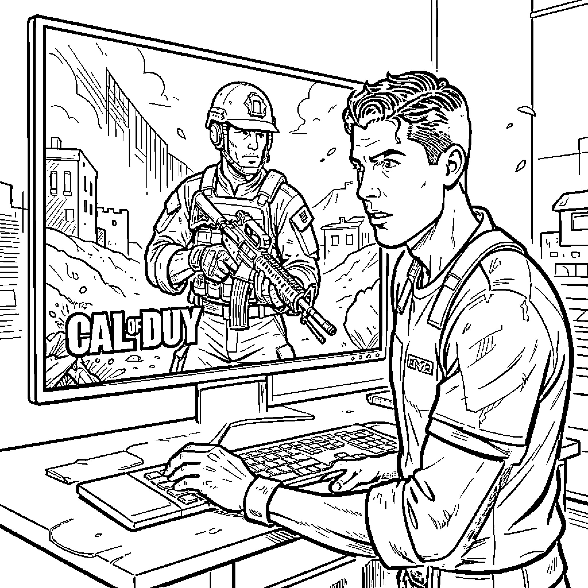 Ronaldo playing a military video game on a computer Coloring Page (free black-and-white line drawing printable PDF for all, from beginners to advanced learners, including children, teens, adults, and seniors)