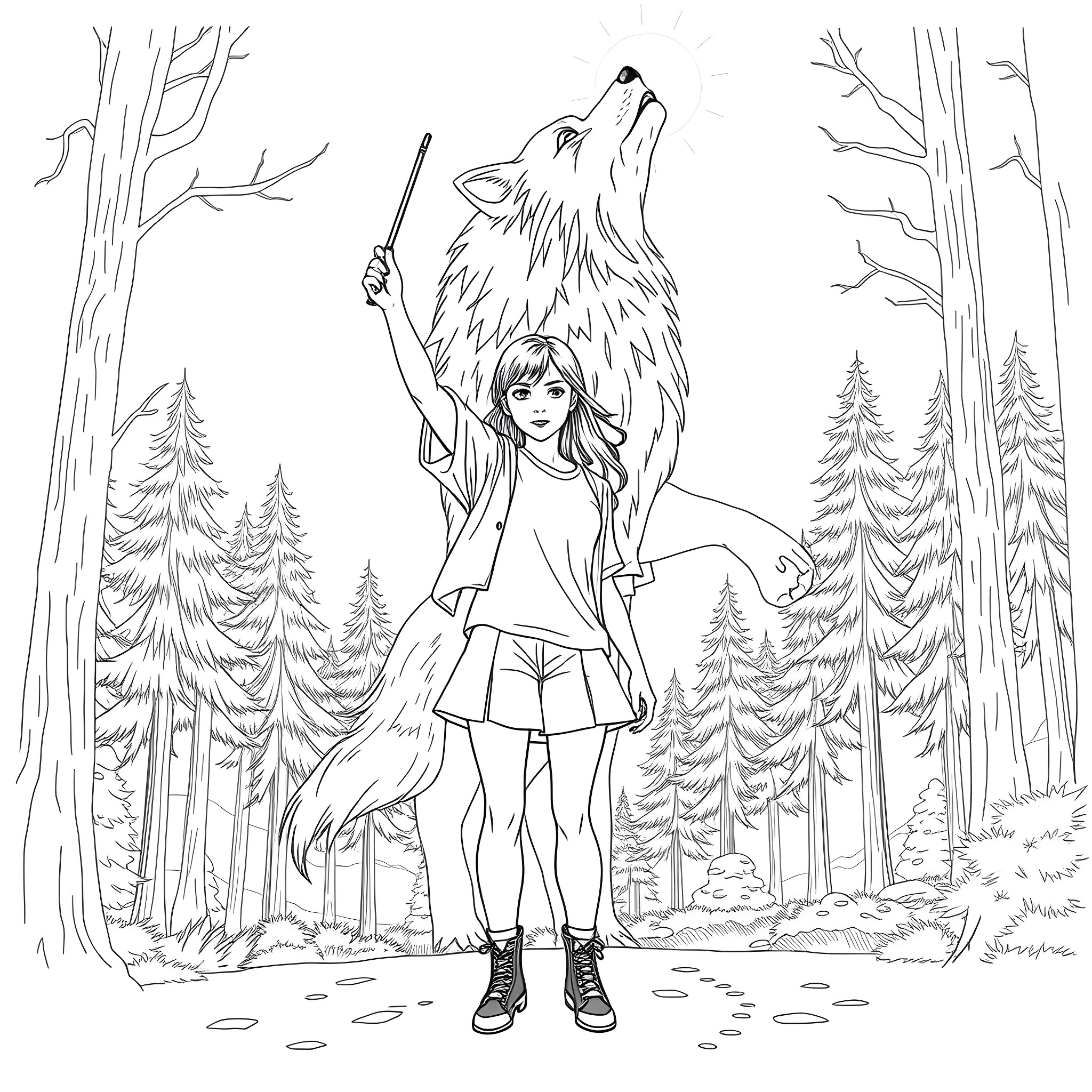 Teen Girl Adventuring with Wolves in the Forest Coloring Page (free black-and-white line drawing printable PDF for all, from beginners to advanced learners, including children, teens, adults, and seniors)