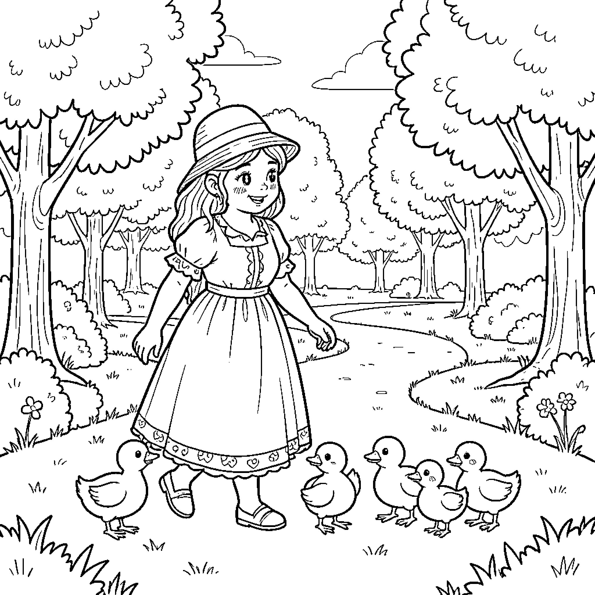 Mama walking through a forest with little ducklings Coloring Page (free black-and-white line drawing printable PDF for all, from beginners to advanced learners, including children, teens, adults, and seniors)