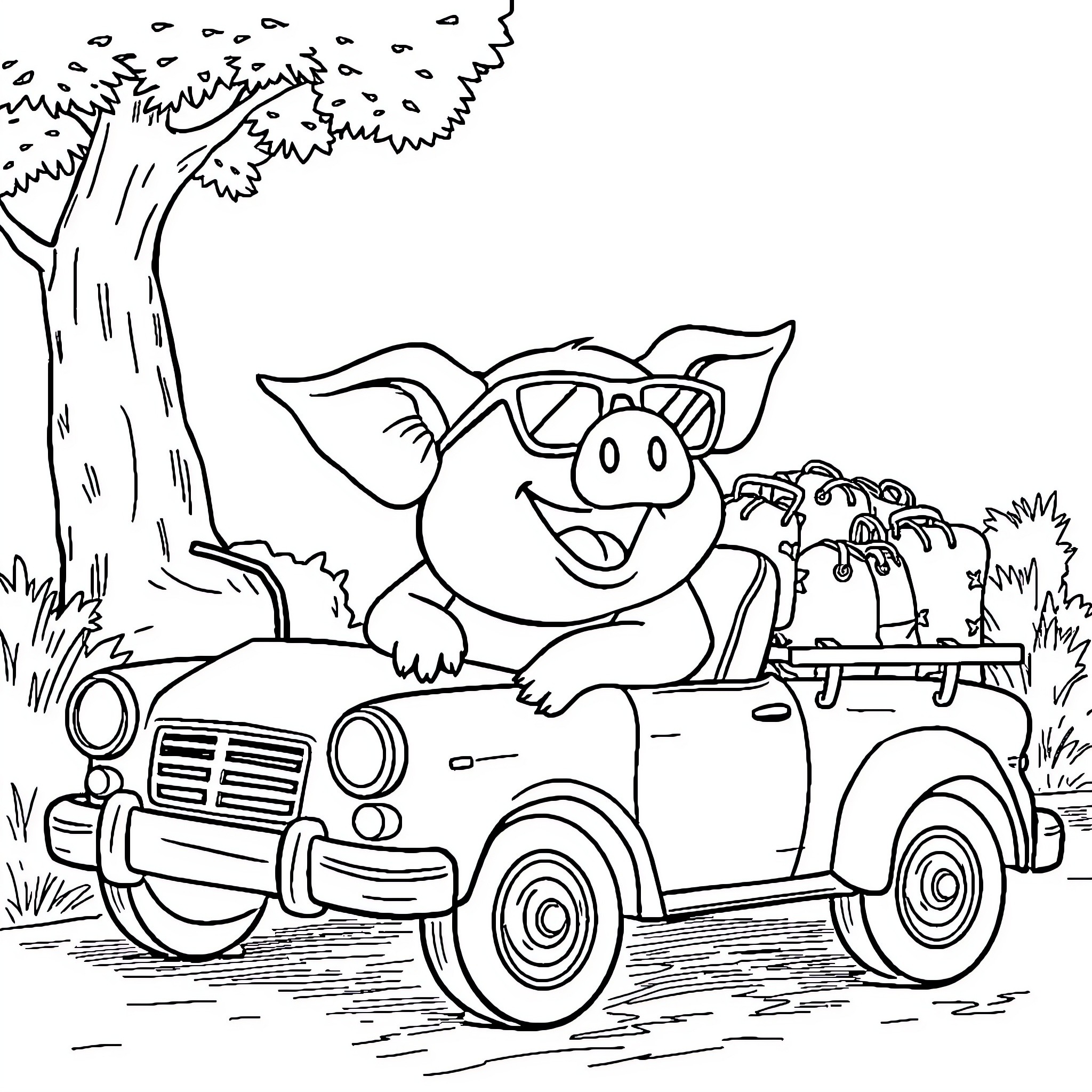 Pig driving a truck in the countryside Coloring Page (free black-and-white line drawing printable PDF for all, from beginners to advanced learners, including children, teens, adults, and seniors)
