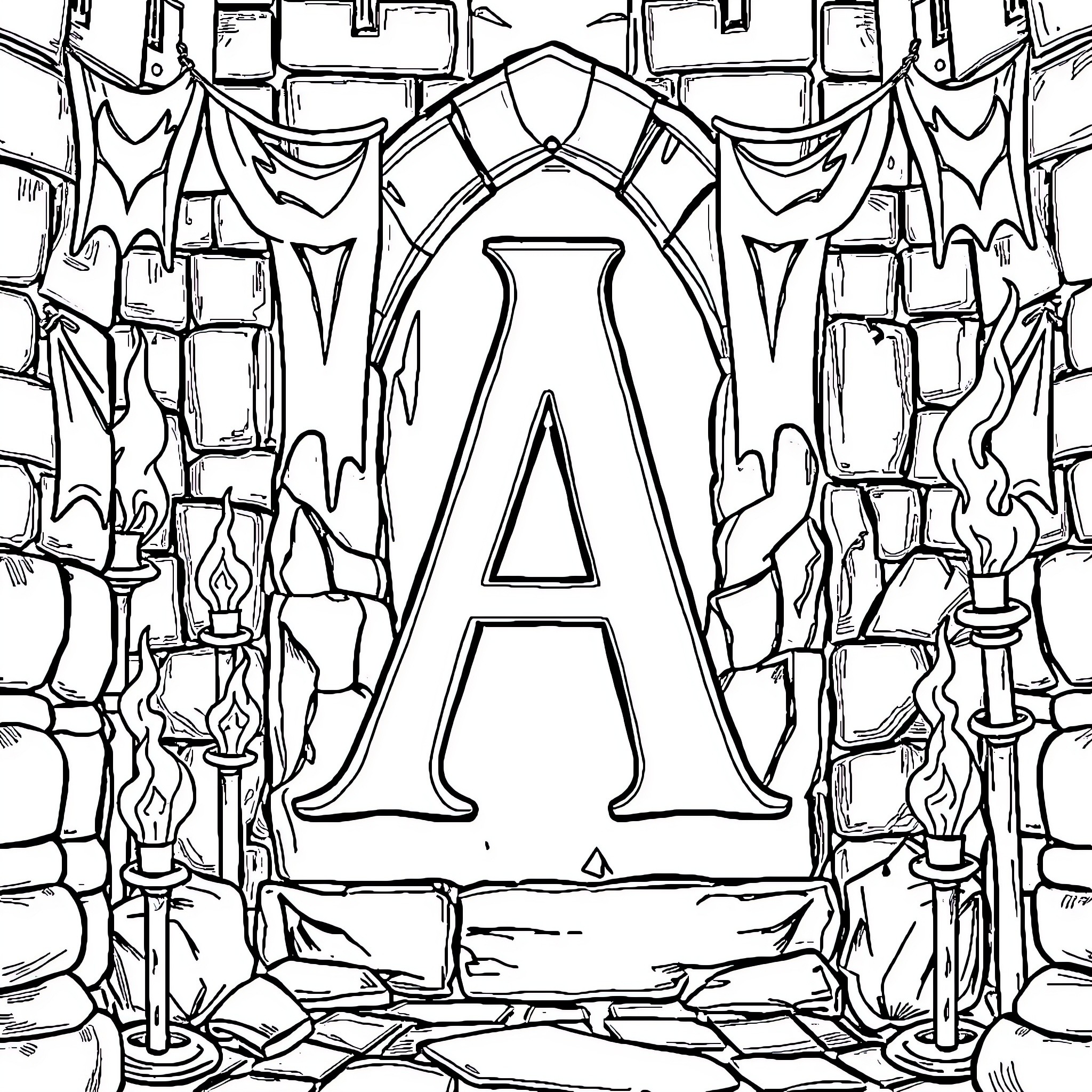 Letter A Amid Candles and Silhouettes Coloring Page (free black-and-white line drawing printable PDF for all, from beginners to advanced learners, including children, teens, adults, and seniors)