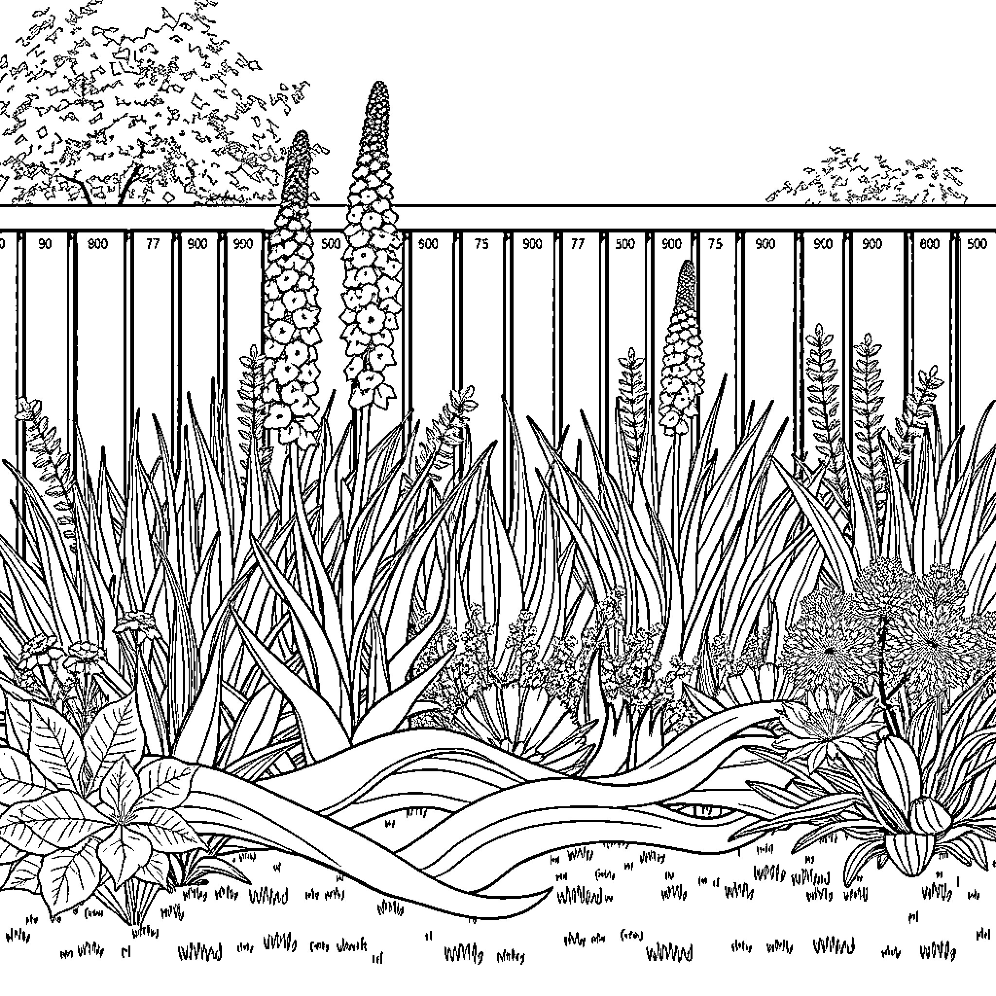 Garden with diverse wildflowers and plants Coloring Page (free black-and-white line drawing printable PDF for all, from beginners to advanced learners, including children, teens, adults, and seniors)