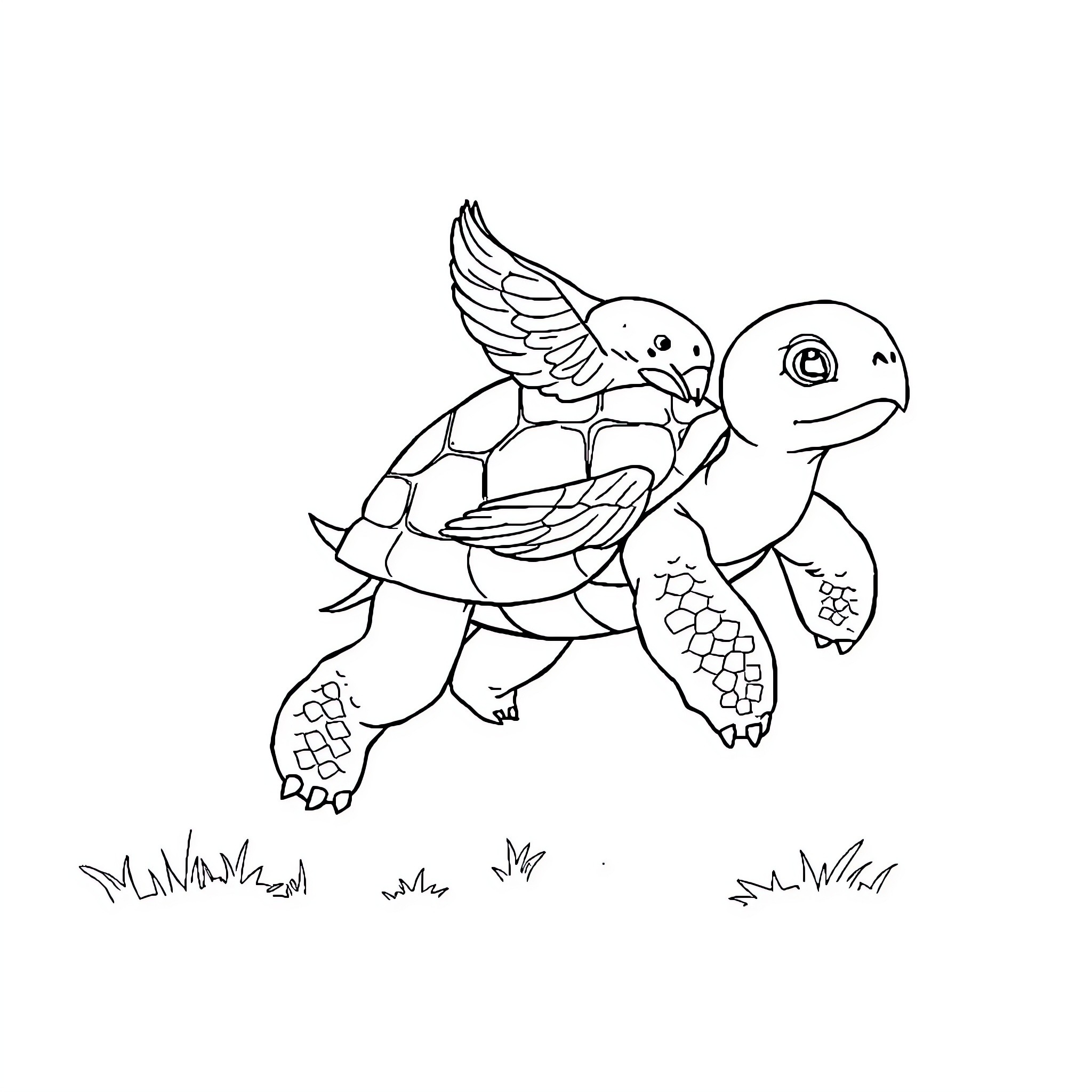 Turtle spreading its wings happily Coloring Page (free black-and-white line drawing printable PDF for all, from beginners to advanced learners, including children, teens, adults, and seniors)