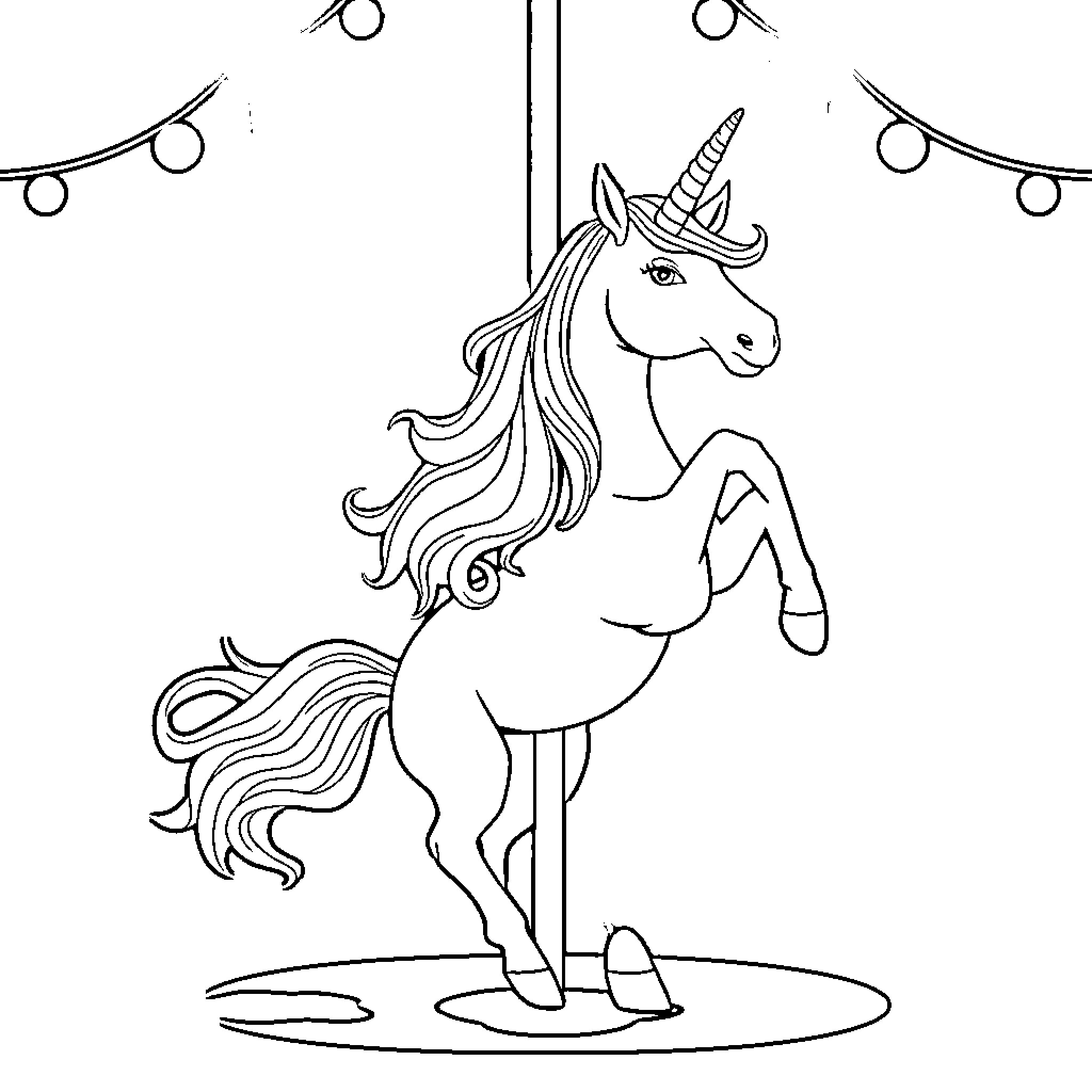 Unicorn riding on carousel at night Coloring Page (free black-and-white line drawing printable PDF for all, from beginners to advanced learners, including children, teens, adults, and seniors)