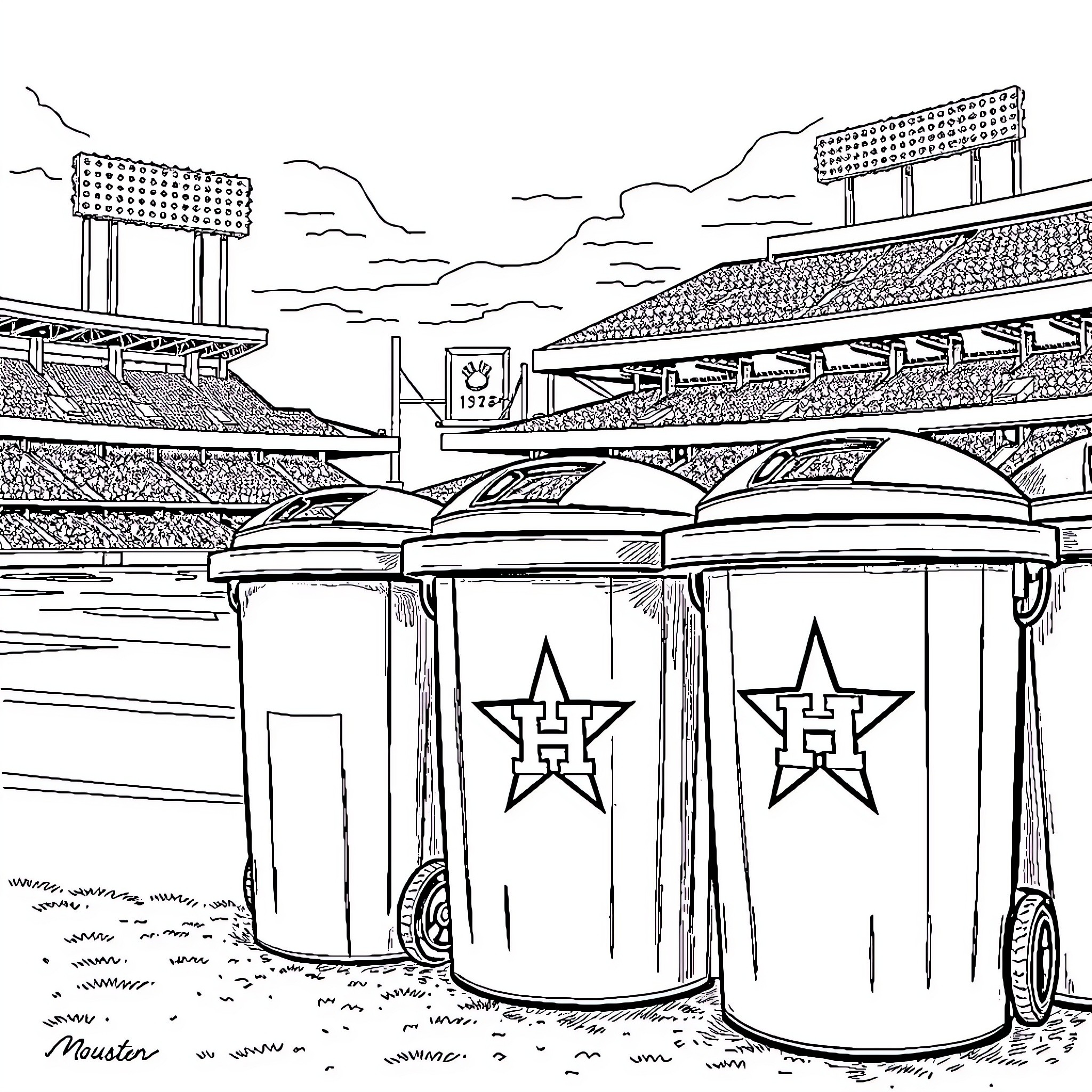 Trash Cans at the Baseball Stadium Coloring Page (free black-and-white line drawing printable PDF for all, from beginners to advanced learners, including children, teens, adults, and seniors)