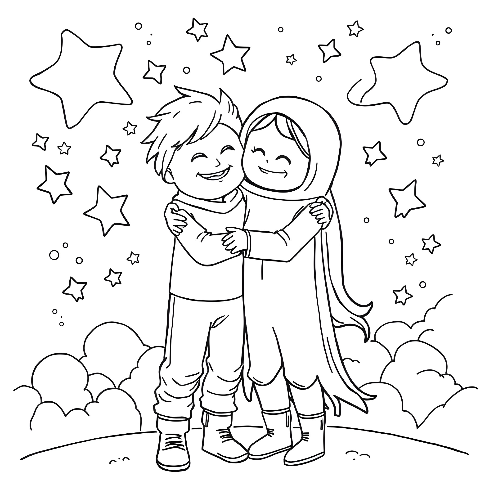 Among Us characters hugging under starry skies Coloring Page (free black-and-white line drawing printable PDF for all, from beginners to advanced learners, including children, teens, adults, and seniors)