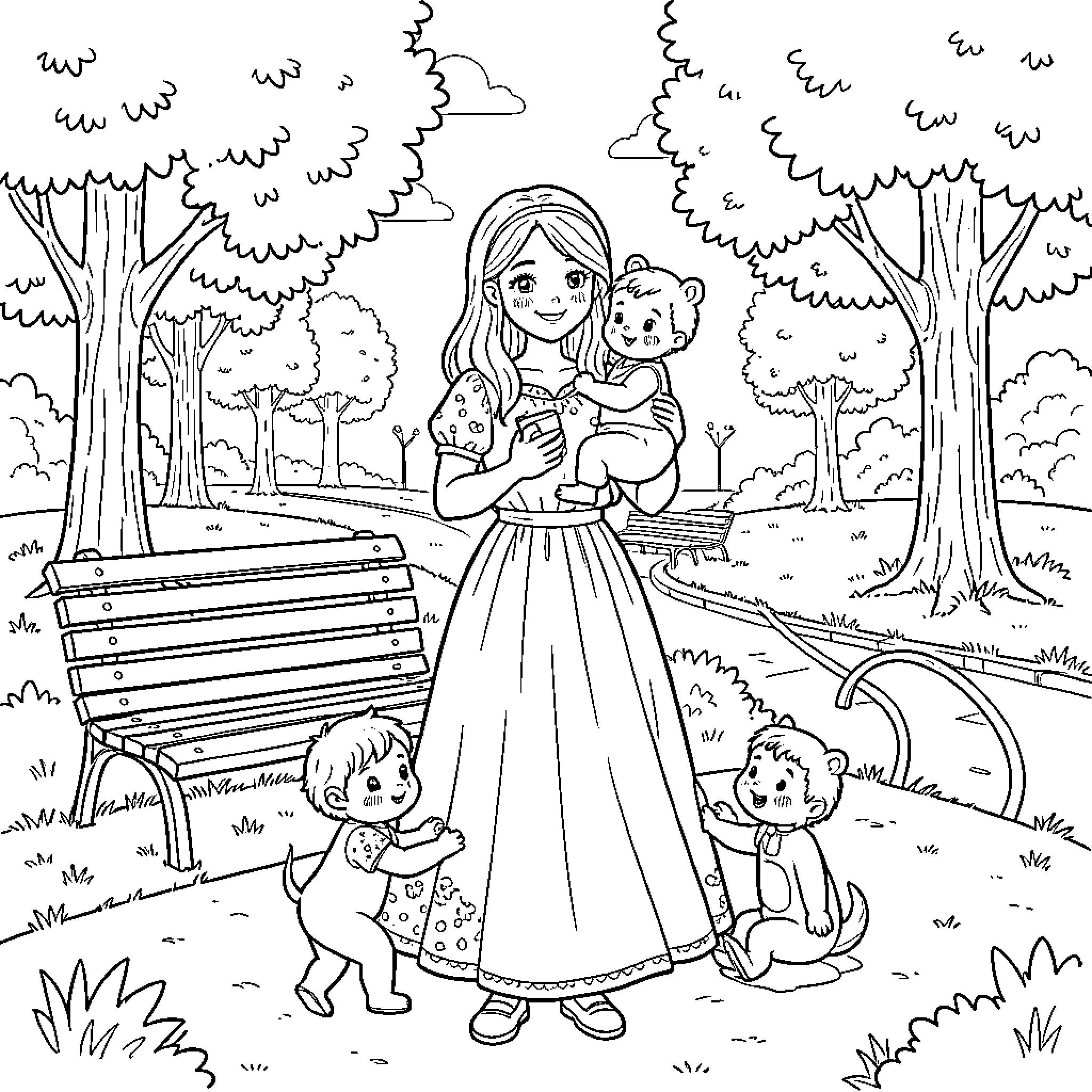 Christelle holding a baby while playing in a park Coloring Page (free black-and-white line drawing printable PDF for all, from beginners to advanced learners, including children, teens, adults, and seniors)