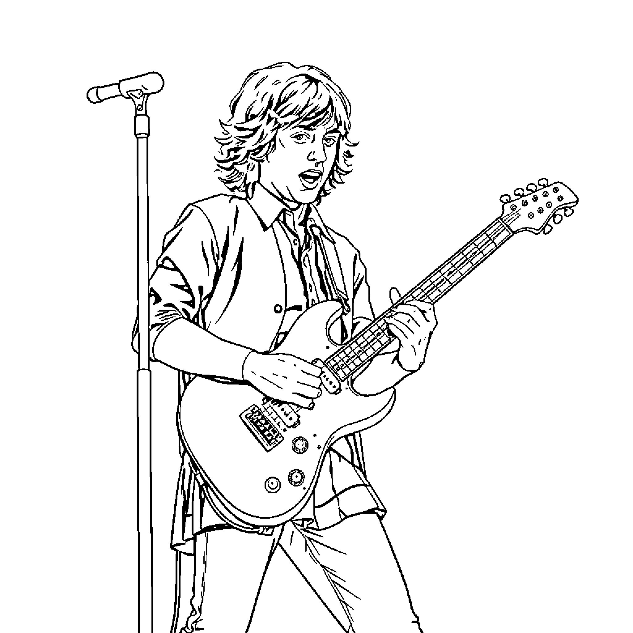Angus Young performing on stage with guitar Coloring Page (free black-and-white line drawing printable PDF for all, from beginners to advanced learners, including children, teens, adults, and seniors)