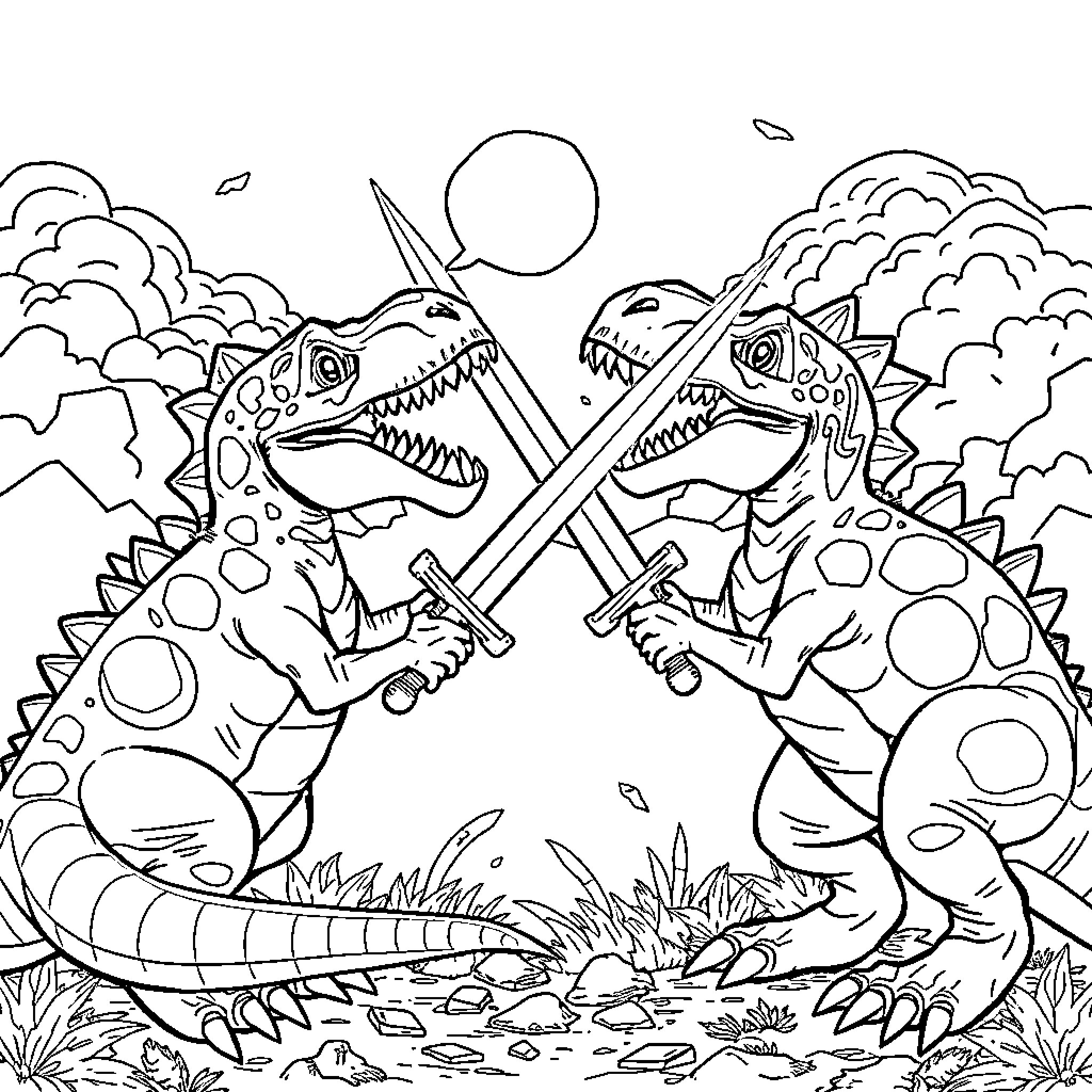 Dinosaurs engaged in fierce battle amid clouds and moon Coloring Page (free black-and-white line drawing printable PDF for all, from beginners to advanced learners, including children, teens, adults, and seniors)