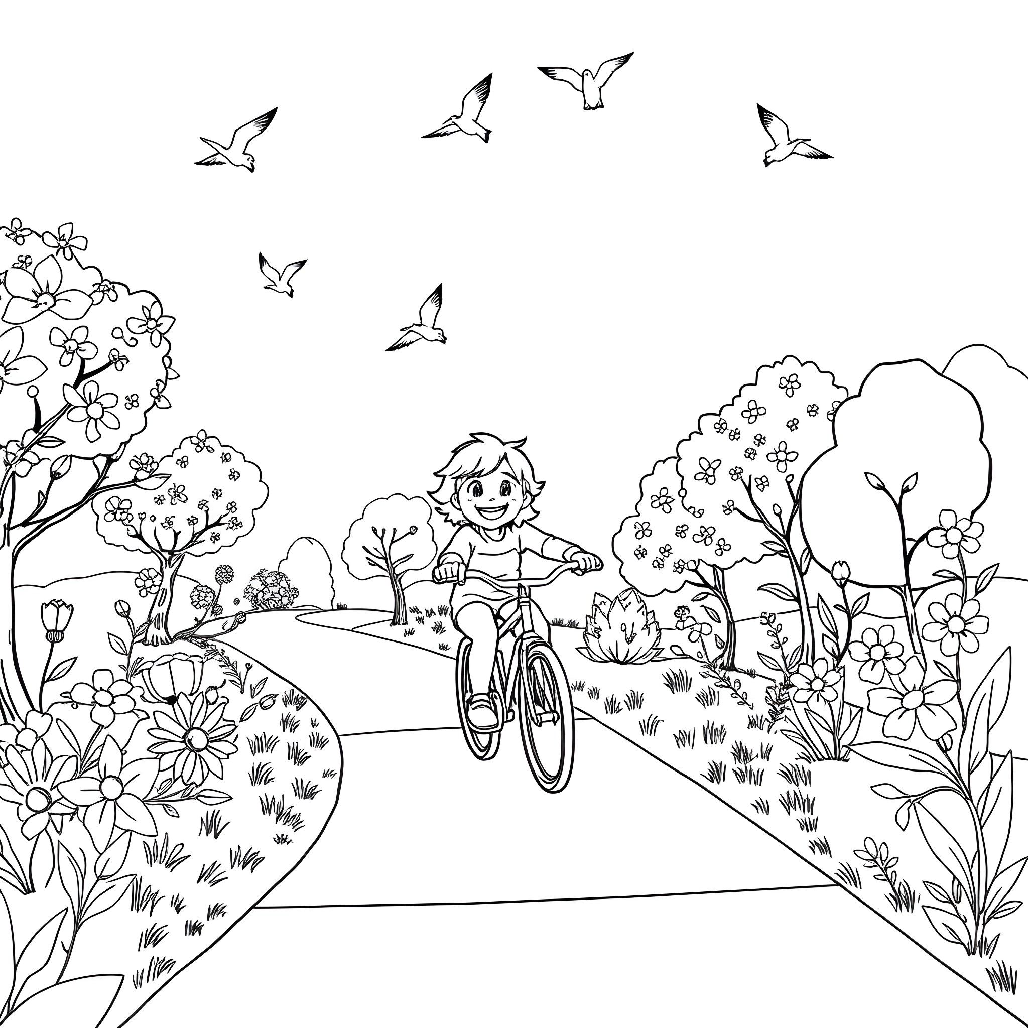 Child cycling joyfully through a blooming garden Coloring Page (free black-and-white line drawing printable PDF for all, from beginners to advanced learners, including children, teens, adults, and seniors)