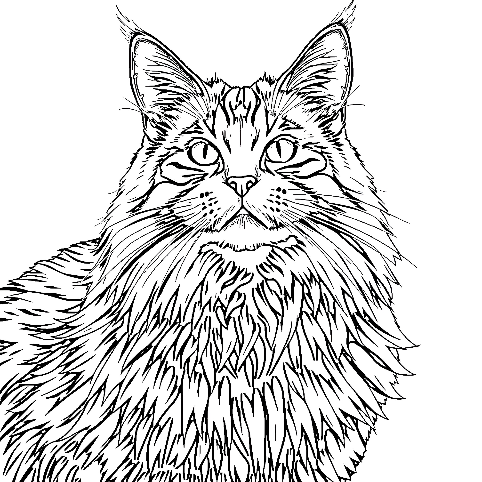 Maine Coon cat with intense gaze Coloring Page (free black-and-white line drawing printable PDF for all, from beginners to advanced learners, including children, teens, adults, and seniors)