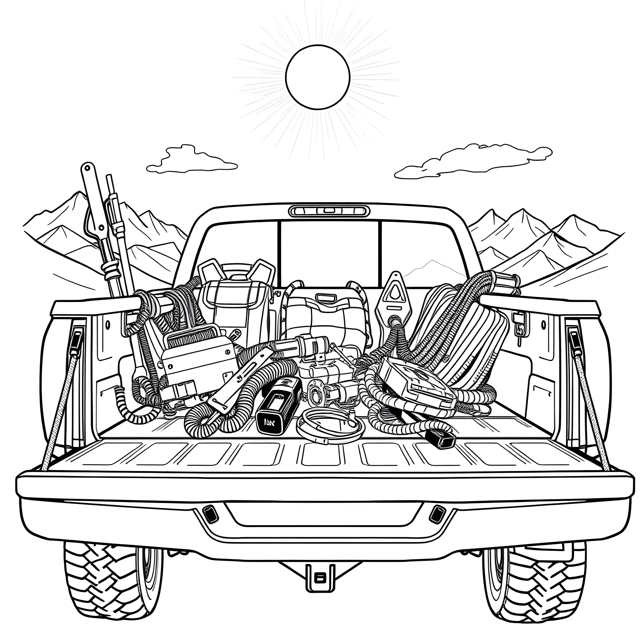 Truck loaded with outdoor adventure gear Coloring Page (free black-and-white line drawing printable PDF for all, from beginners to advanced learners, including children, teens, adults, and seniors)