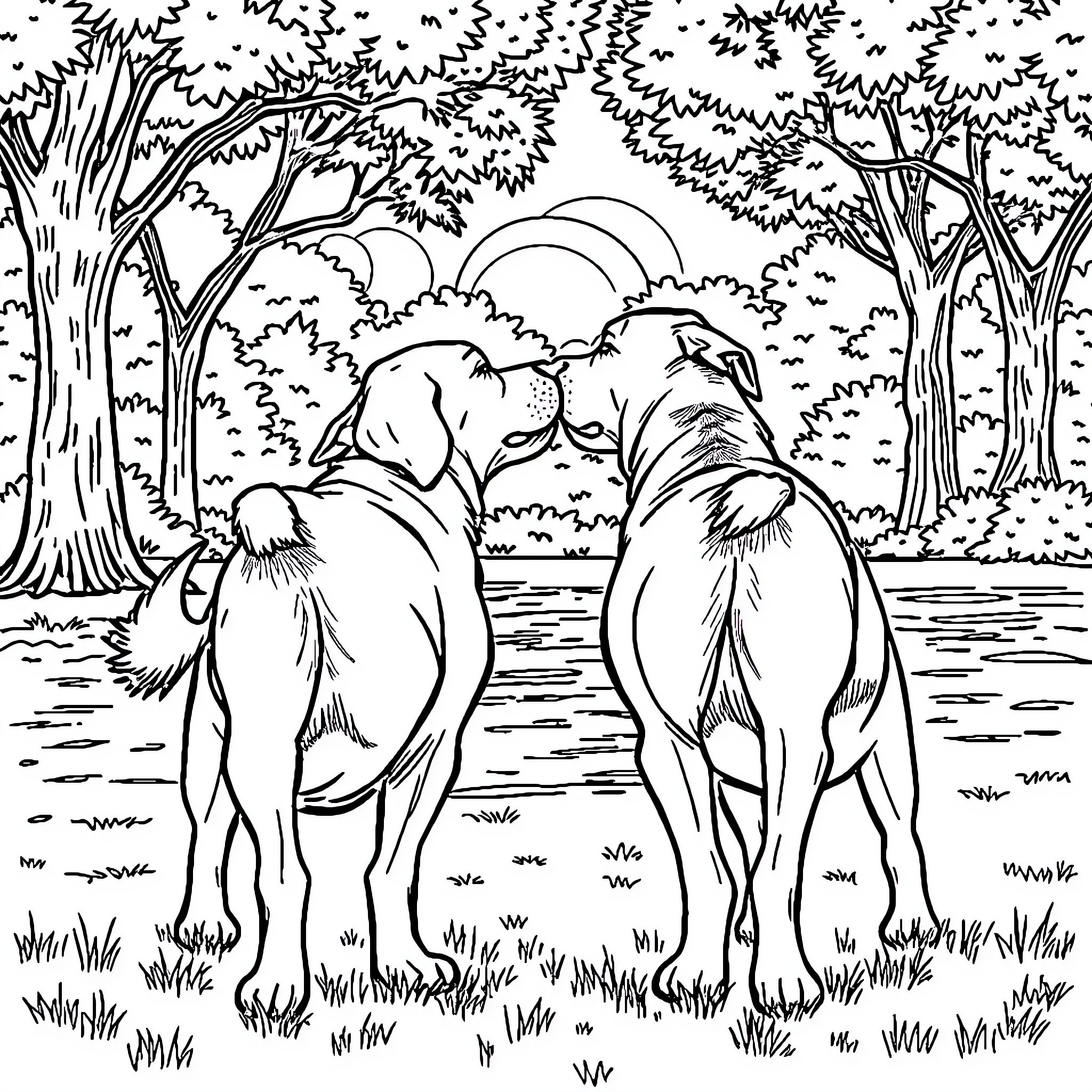 Dog friends exploring the forest path Coloring Page (free black-and-white line drawing printable PDF for all, from beginners to advanced learners, including children, teens, adults, and seniors)
