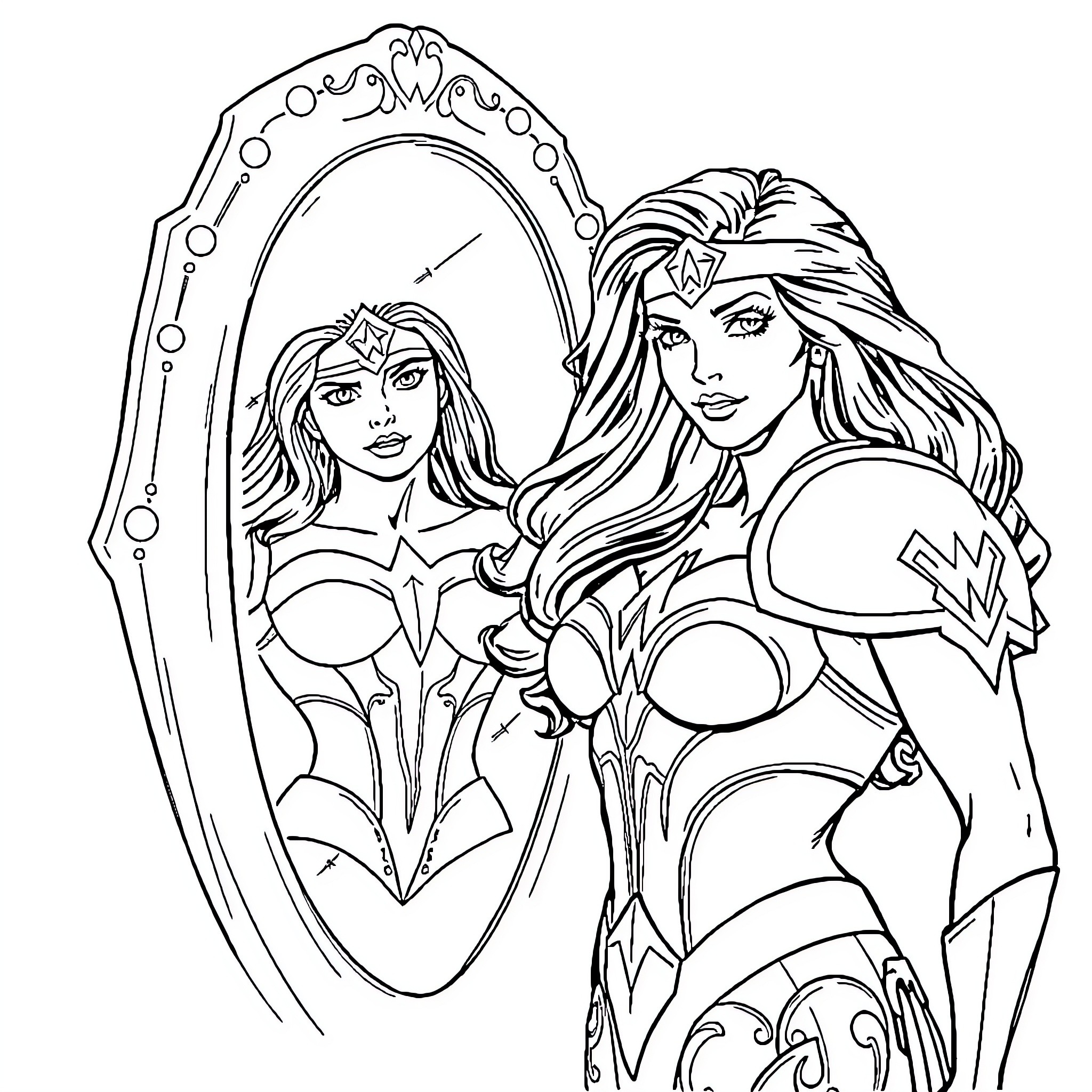 Wonder Woman Admiring Her Heroic Reflection Coloring Page (free black-and-white line drawing printable PDF for all, from beginners to advanced learners, including children, teens, adults, and seniors)