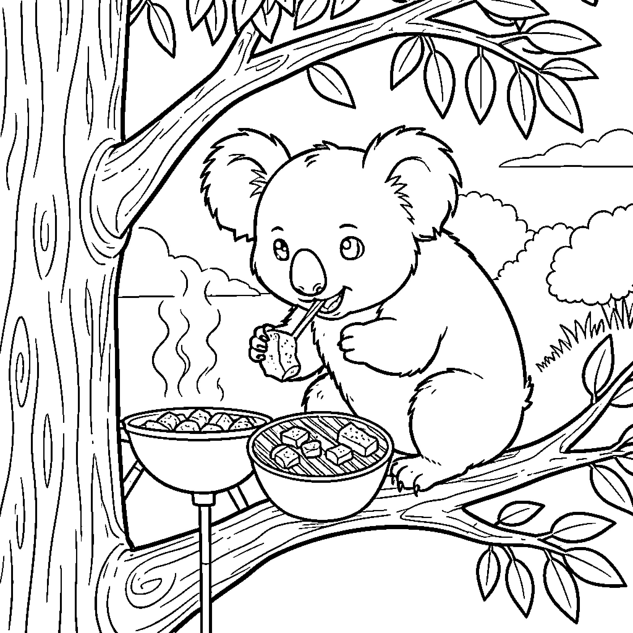 Koala enjoying a meal in the forest Coloring Page (free black-and-white line drawing printable PDF for all, from beginners to advanced learners, including children, teens, adults, and seniors)