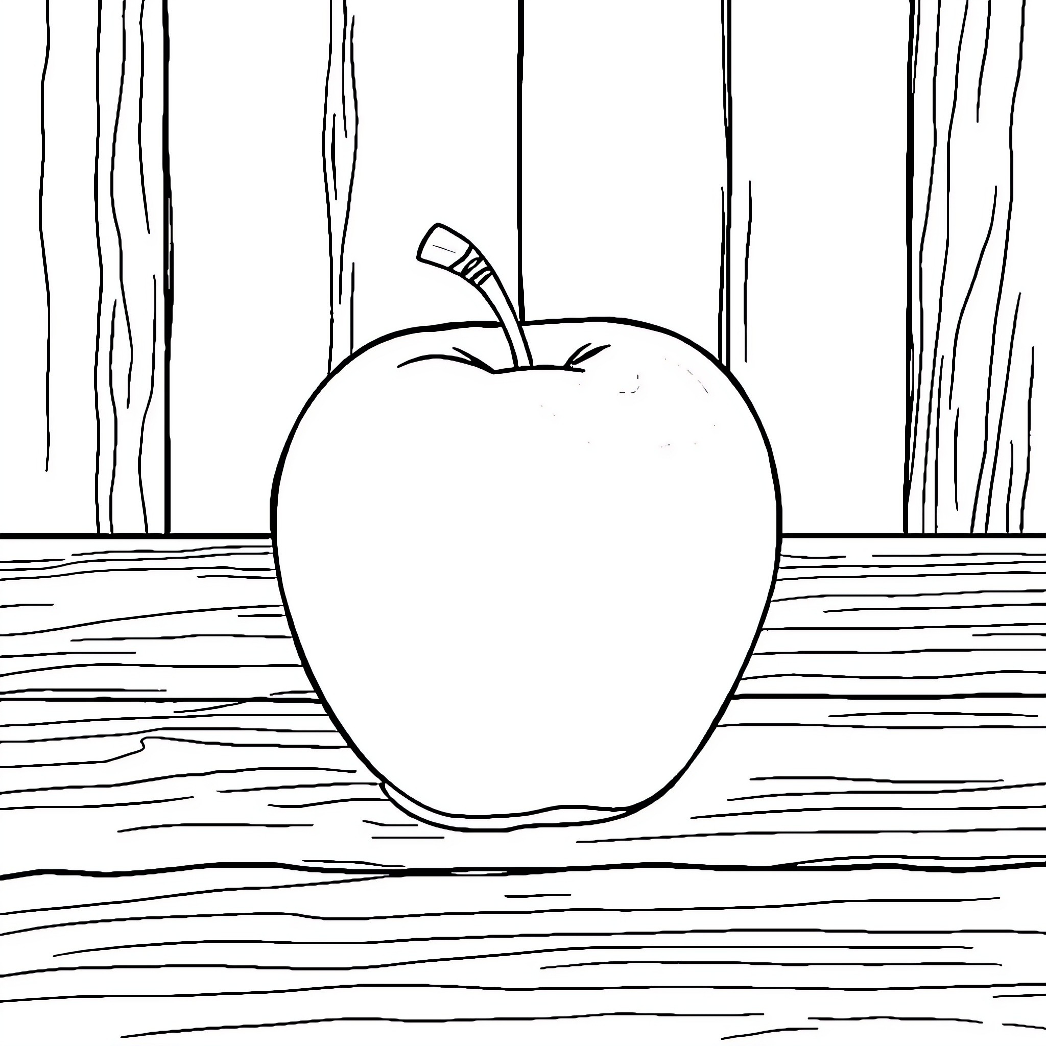 Apple on a wooden table Coloring Page (free black-and-white line drawing printable PDF for all, from beginners to advanced learners, including children, teens, adults, and seniors)
