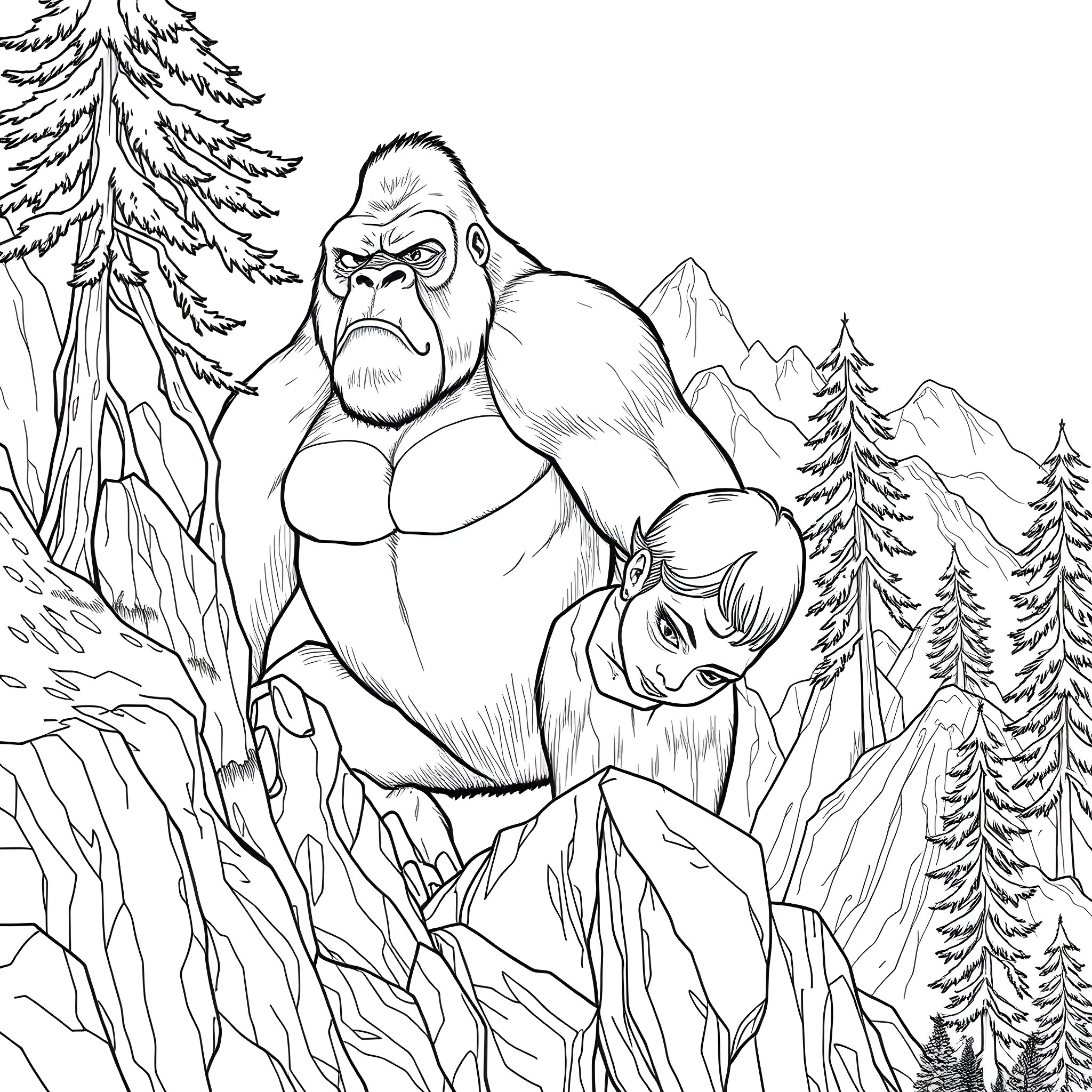 King Kong protecting a young woman in the wilderness Coloring Page (free black-and-white line drawing printable PDF for all, from beginners to advanced learners, including children, teens, adults, and seniors)