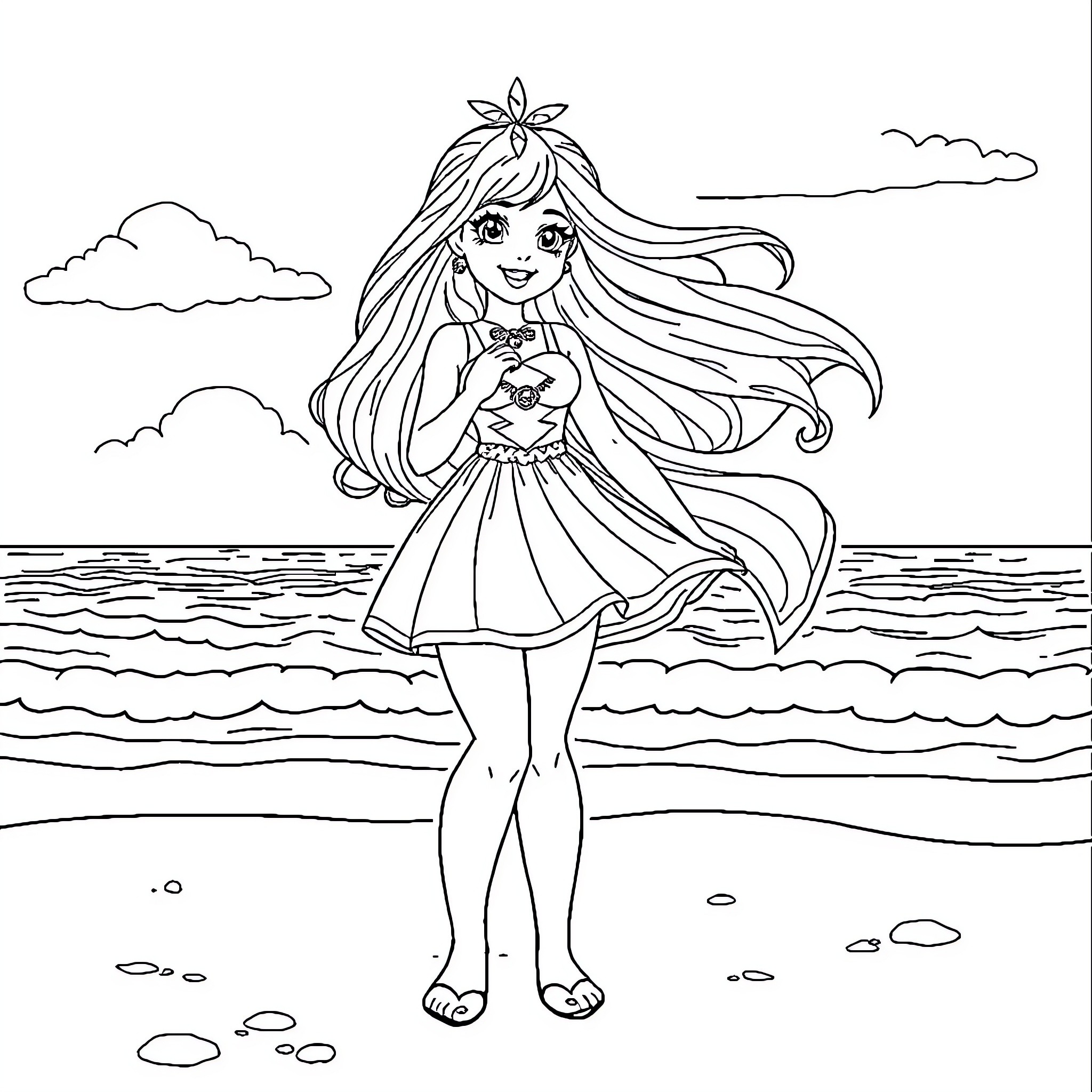 Rainbow Brite enjoying a day at the beach Coloring Page (free black-and-white line drawing printable PDF for all, from beginners to advanced learners, including children, teens, adults, and seniors)