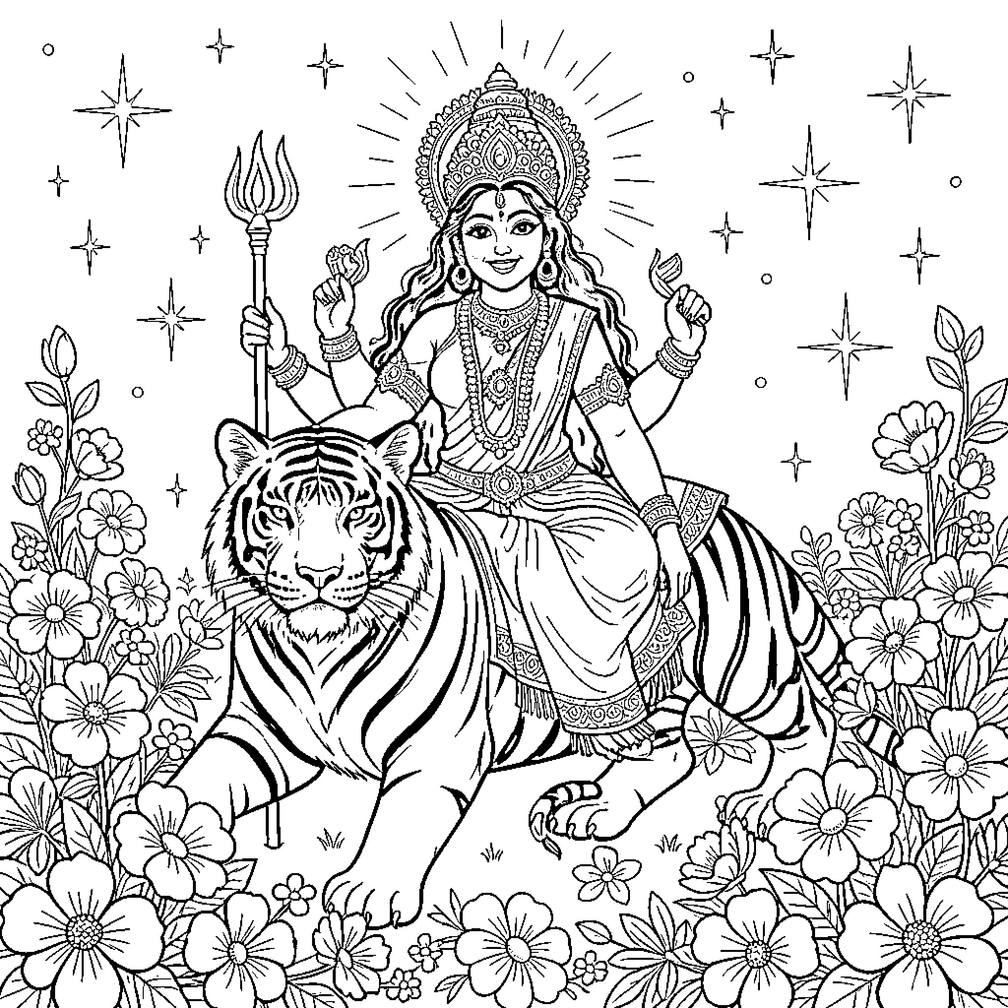 Maa Durga seated on a tiger amid blooming flowers Coloring Page (free black-and-white line drawing printable PDF for all, from beginners to advanced learners, including children, teens, adults, and seniors)