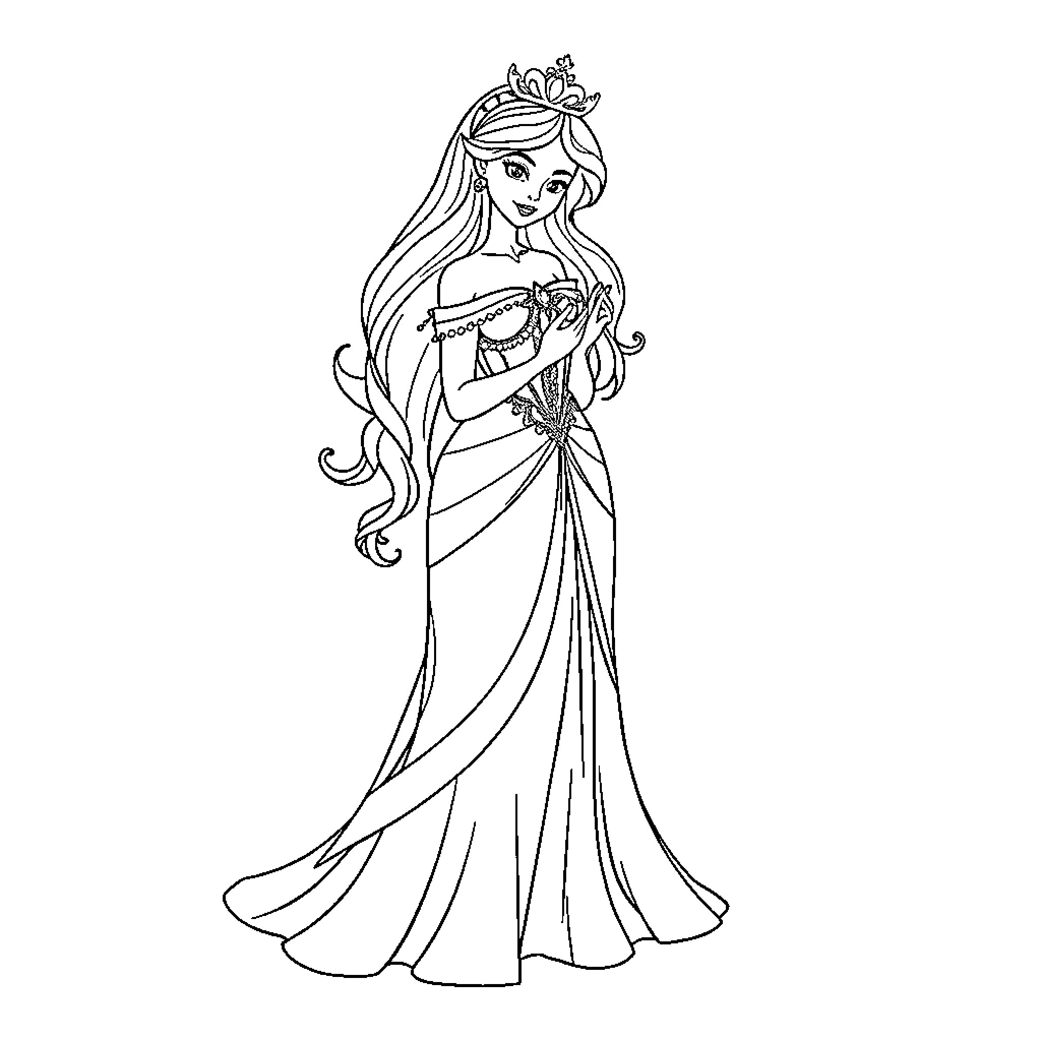 Princess in Elegant Gown and Crown Coloring Page (free black-and-white line drawing printable PDF for all, from beginners to advanced learners, including children, teens, adults, and seniors)