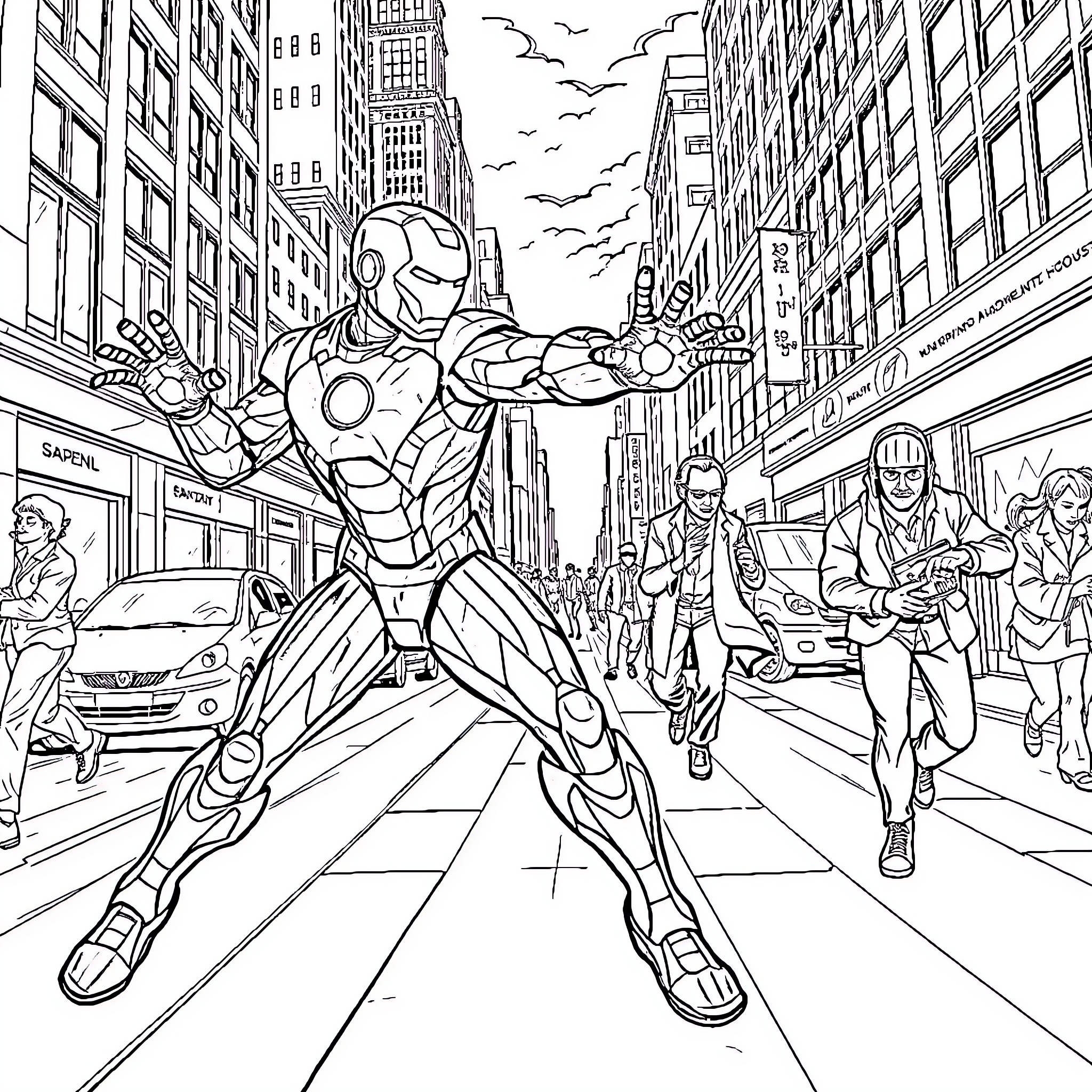 Iron Man saving the city from chaos Coloring Page (free black-and-white line drawing printable PDF for all, from beginners to advanced learners, including children, teens, adults, and seniors)