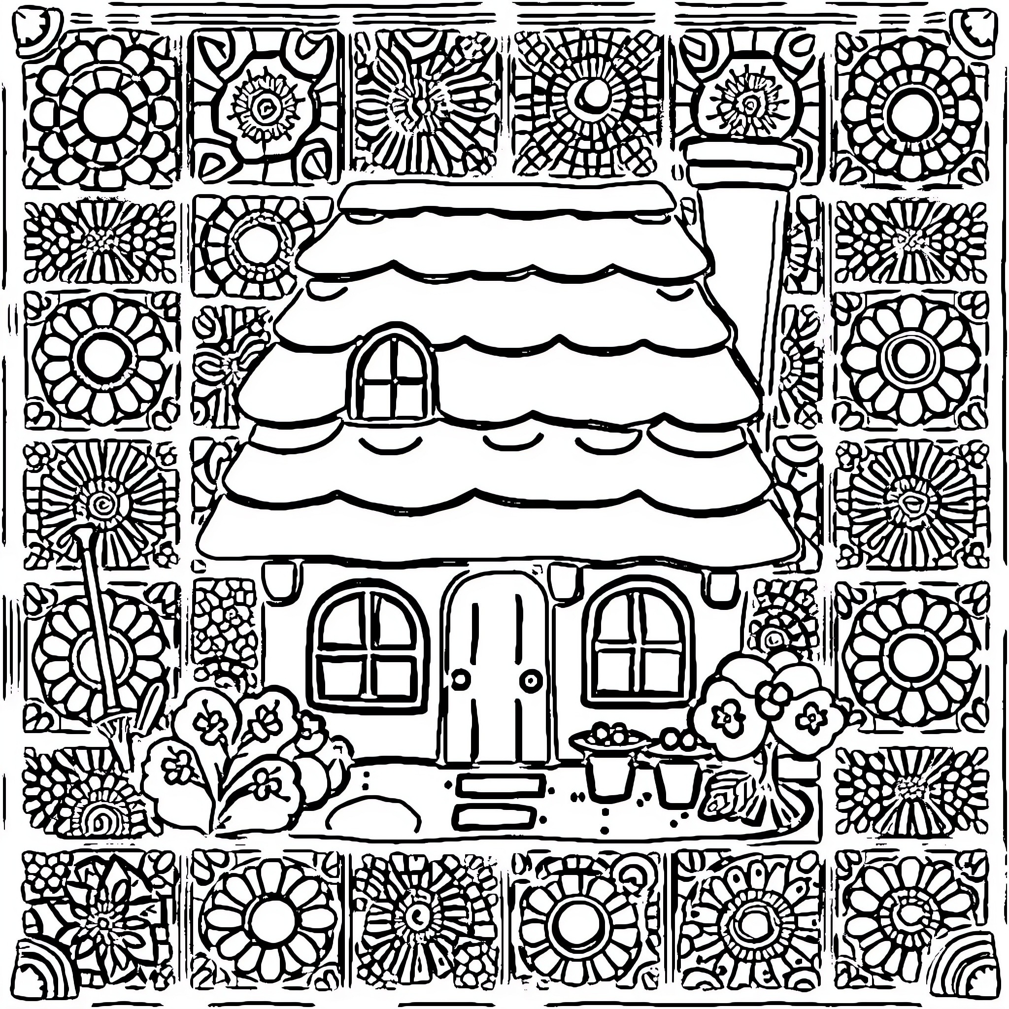 Cottage with Ornate Floral Patterns Coloring Page (free black-and-white line drawing printable PDF for all, from beginners to advanced learners, including children, teens, adults, and seniors)