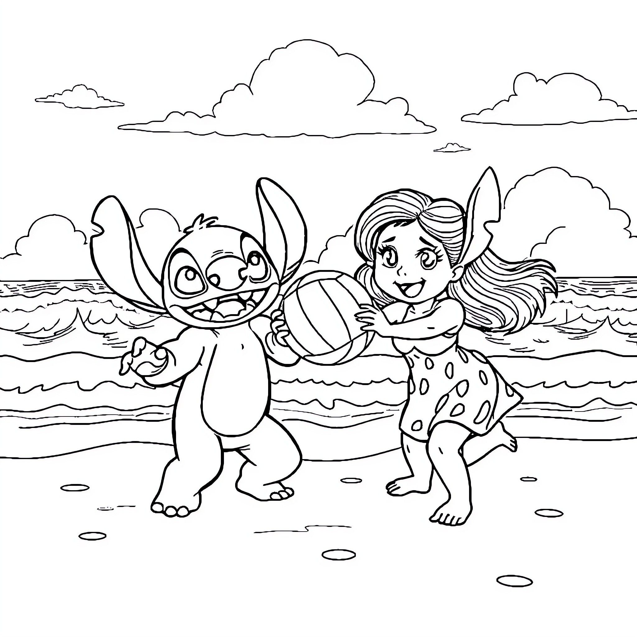 Lilo and Stitch playing on the beach Coloring Page (free black-and-white line drawing printable PDF for all, from beginners to advanced learners, including children, teens, adults, and seniors)