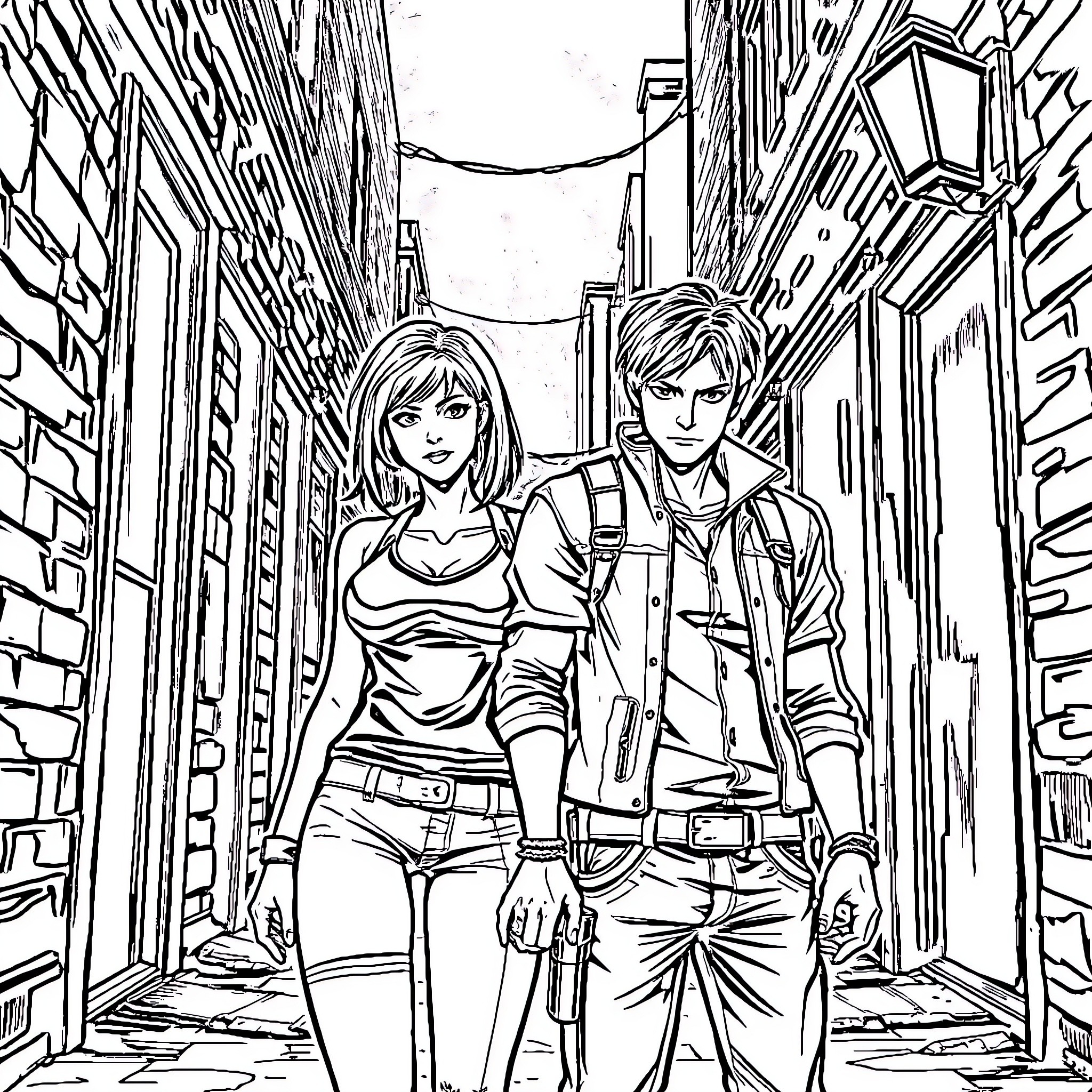 Ada Wong and Companion on a Covert Mission Coloring Page (free black-and-white line drawing printable PDF for all, from beginners to advanced learners, including children, teens, adults, and seniors)