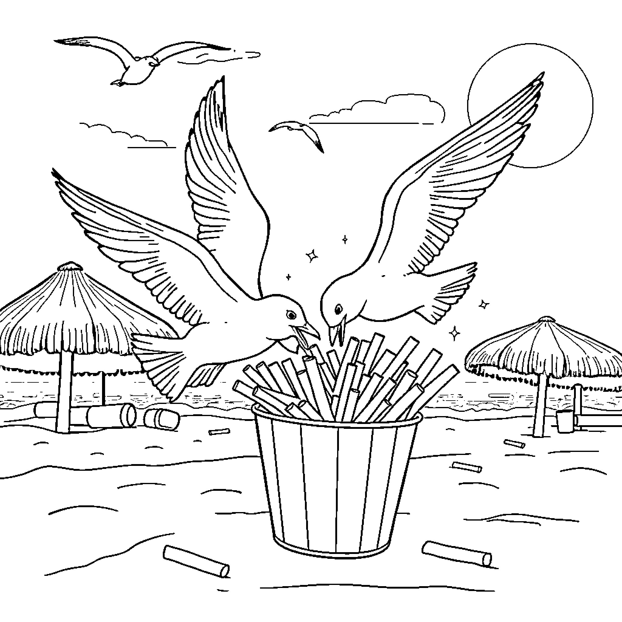 Seagulls soaring over the beach with umbrellas Coloring Page (free black-and-white line drawing printable PDF for all, from beginners to advanced learners, including children, teens, adults, and seniors)