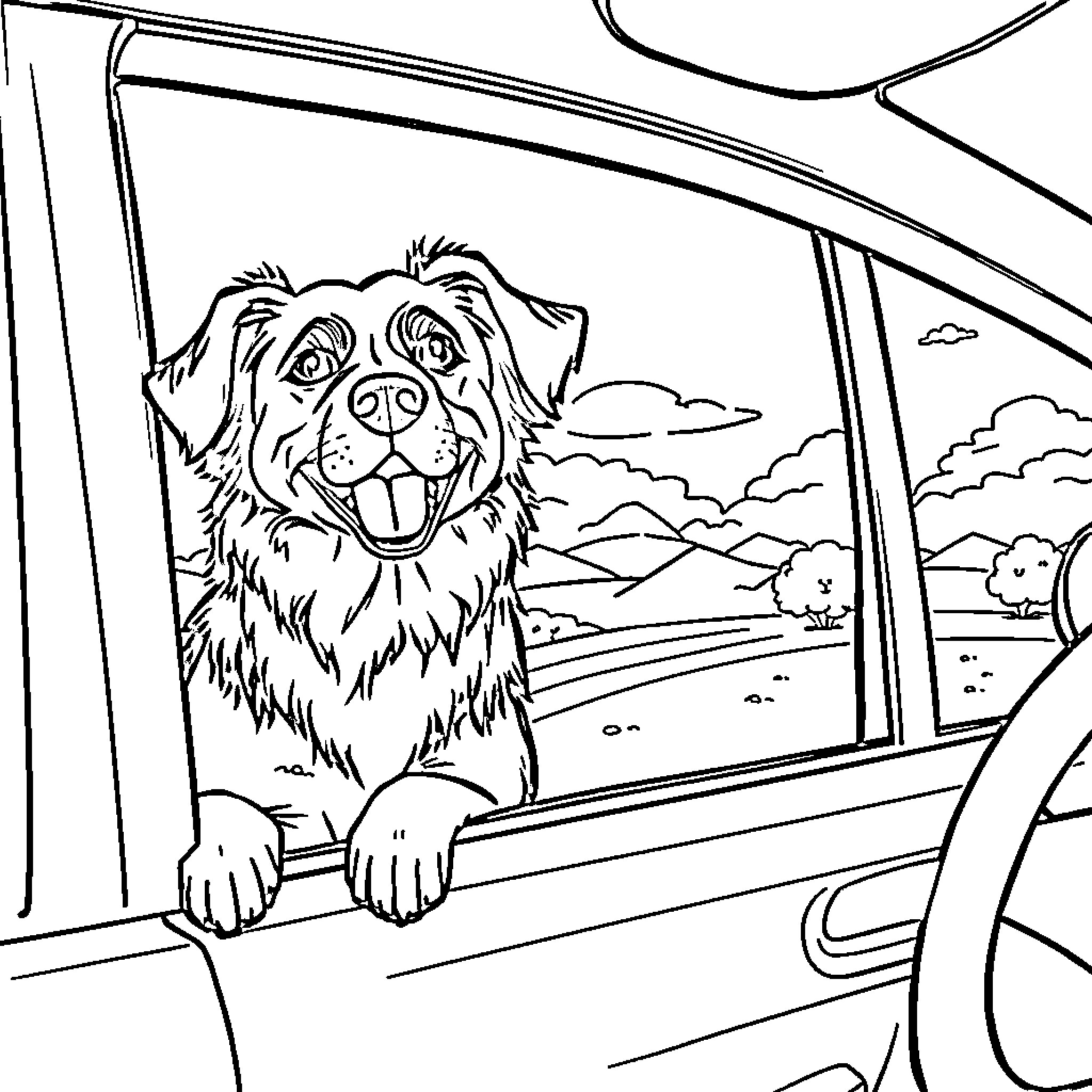Dog looking out of car window with excitement Coloring Page (free black-and-white line drawing printable PDF for all, from beginners to advanced learners, including children, teens, adults, and seniors)