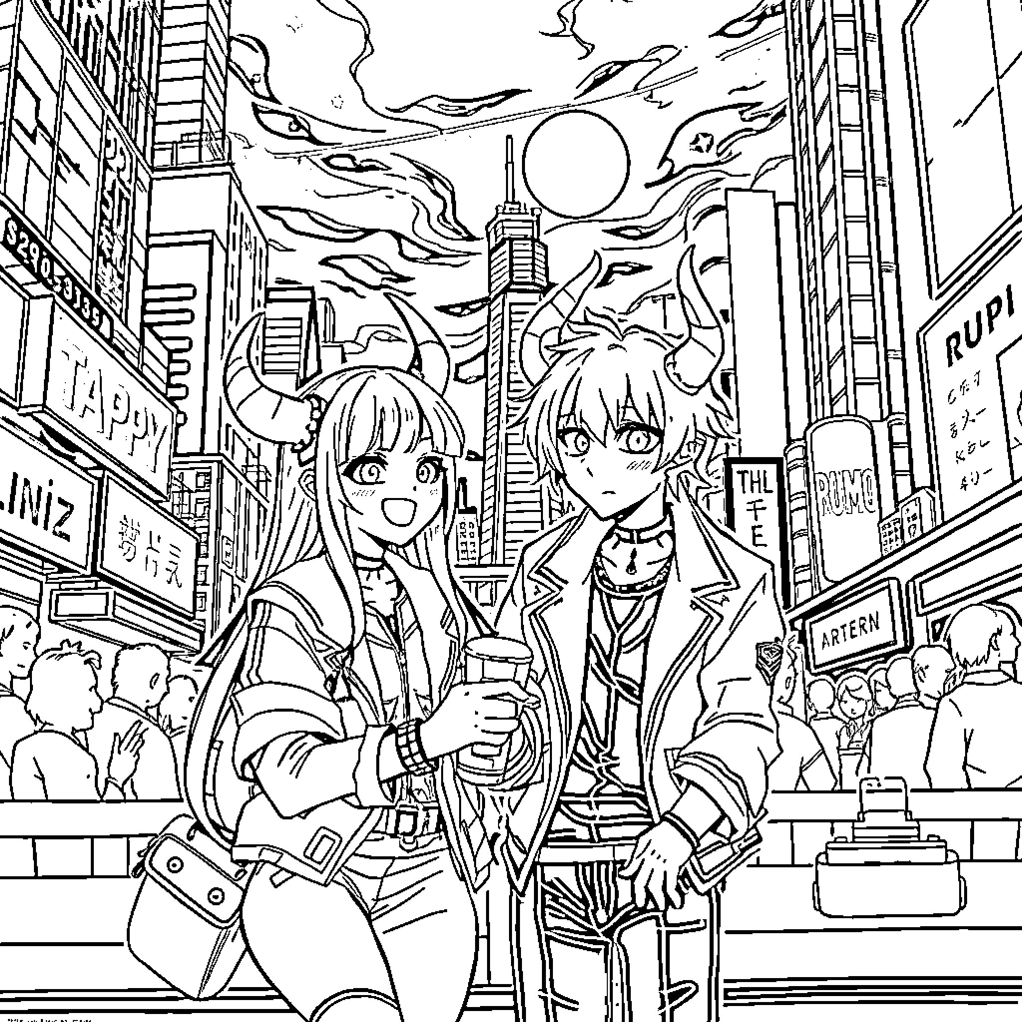 Kuromi's Vibrant City Adventure Coloring Page (free black-and-white line drawing printable PDF for all, from beginners to advanced learners, including children, teens, adults, and seniors)
