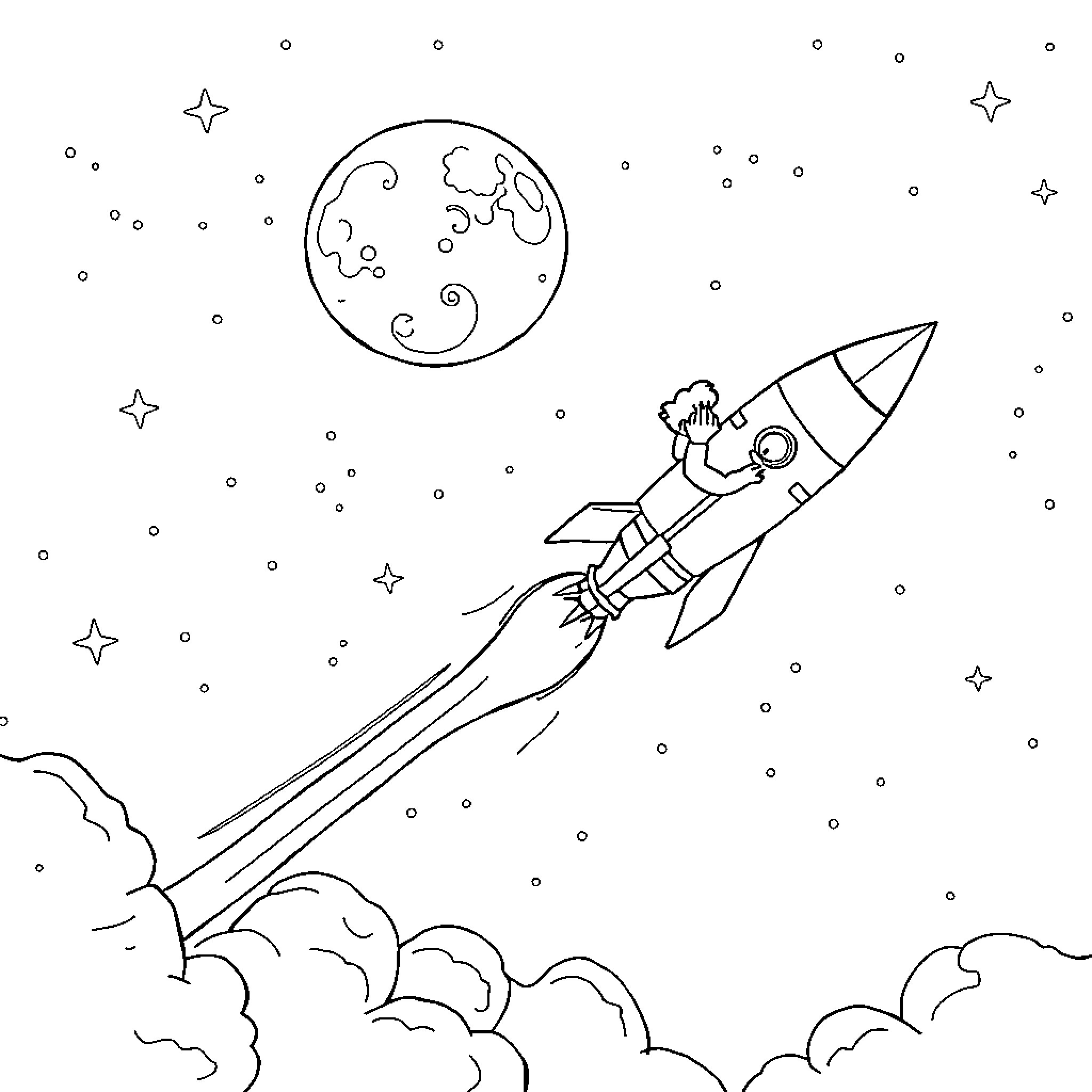 Man launches himself into space on a rocket Coloring Page (free black-and-white line drawing printable PDF for all, from beginners to advanced learners, including children, teens, adults, and seniors)