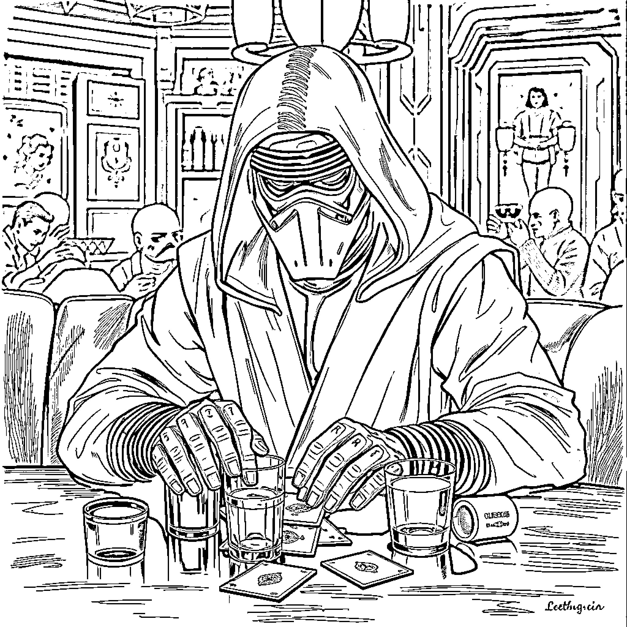 Kylo Ren making sinister plans in the imperial command center Coloring Page (free black-and-white line drawing printable PDF for all, from beginners to advanced learners, including children, teens, adults, and seniors)