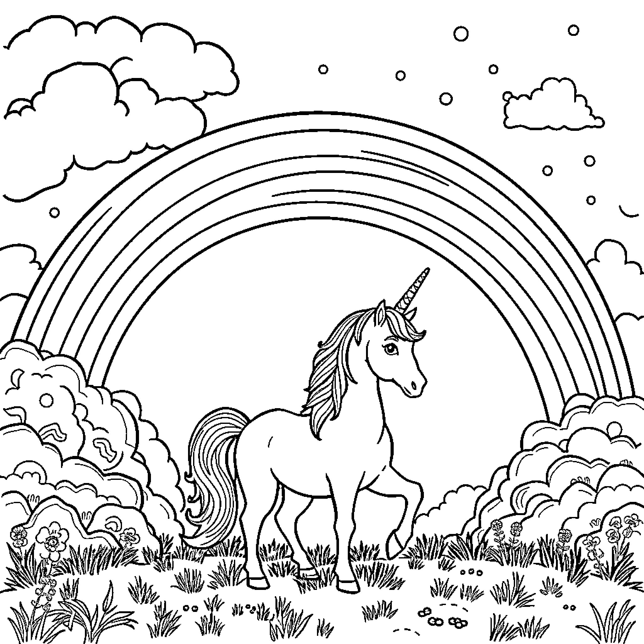 Unicorn standing under a rainbow in a meadow Coloring Page (free black-and-white line drawing printable PDF for all, from beginners to advanced learners, including children, teens, adults, and seniors)
