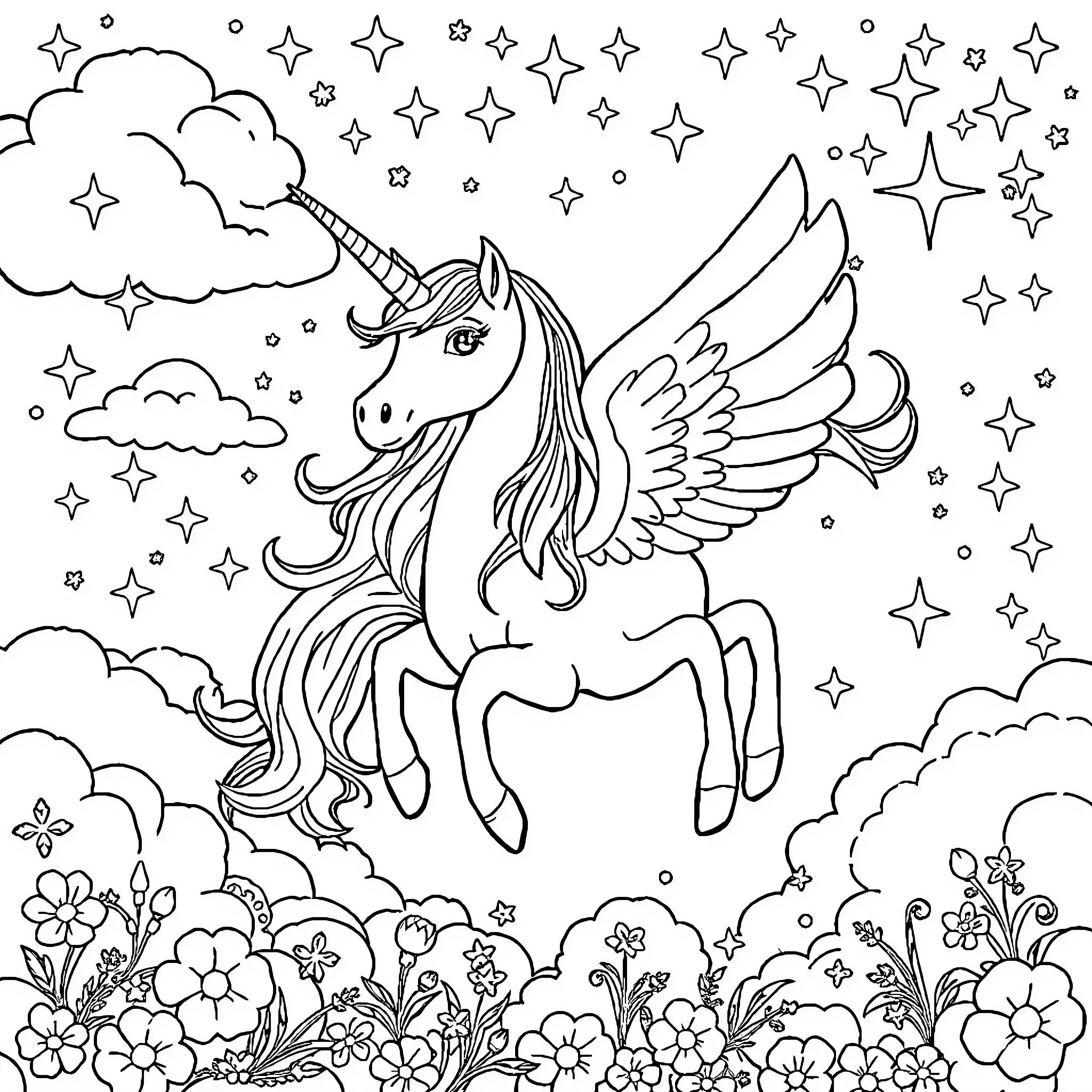 Unicorn soaring through the magical starry night sky Coloring Page (free black-and-white line drawing printable PDF for all, from beginners to advanced learners, including children, teens, adults, and seniors)