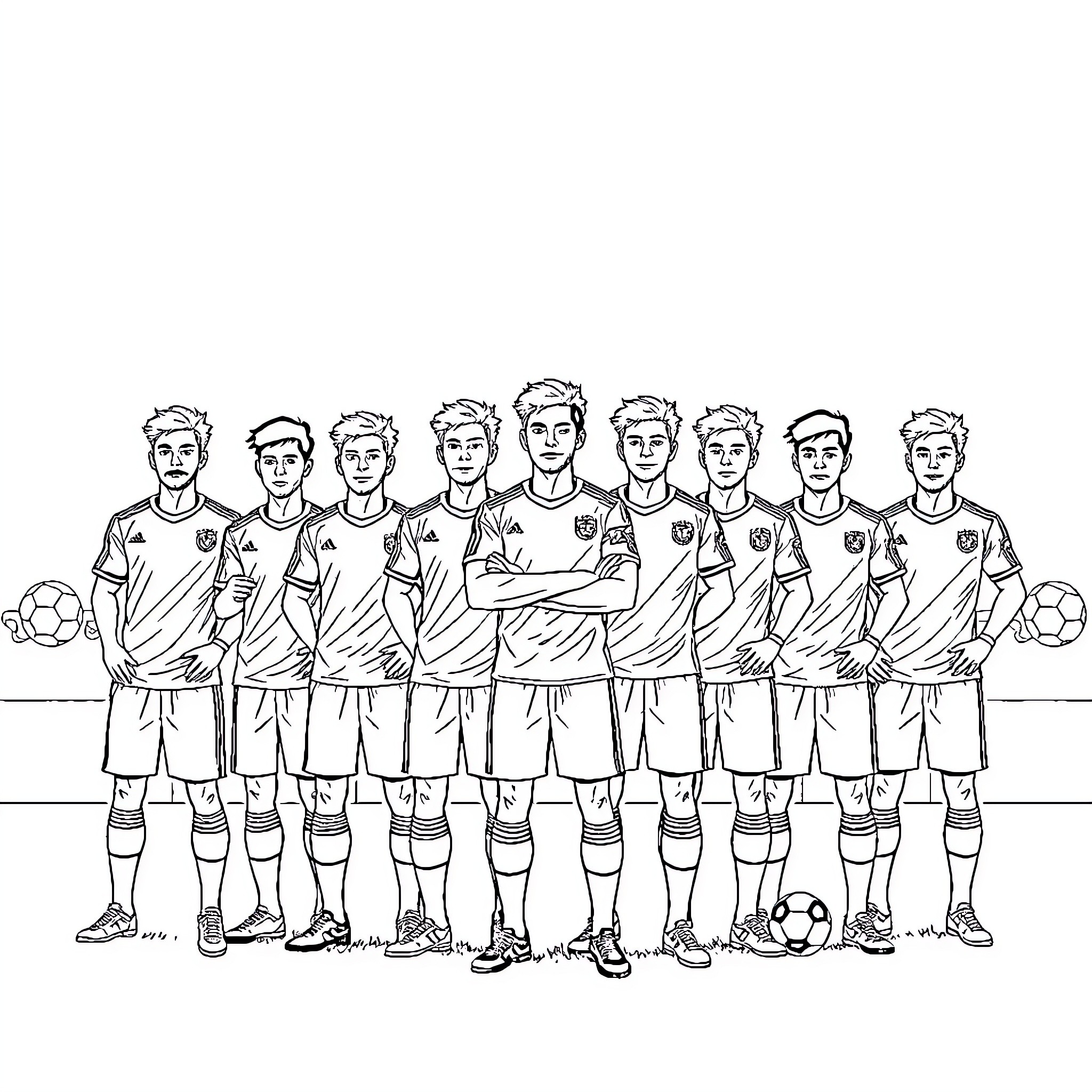 Team of soccer players posing on field Coloring Page (free black-and-white line drawing printable PDF for all, from beginners to advanced learners, including children, teens, adults, and seniors)