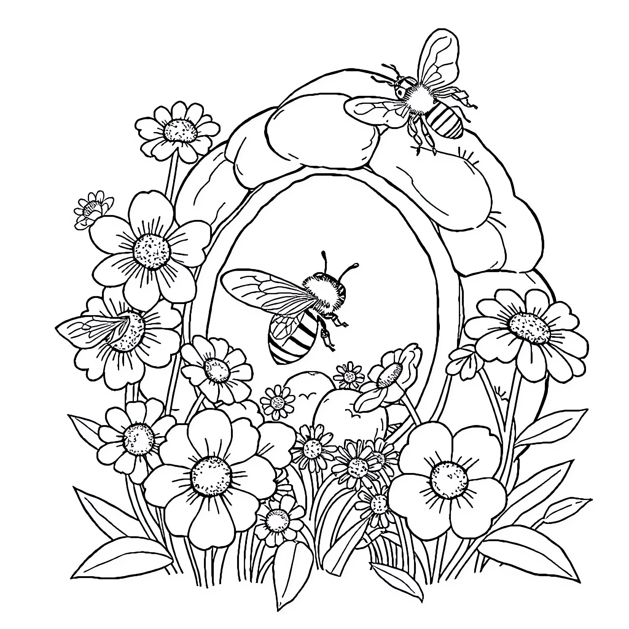 Bee exploring a garden of flowers Coloring Page (free black-and-white line drawing printable PDF for all, from beginners to advanced learners, including children, teens, adults, and seniors)