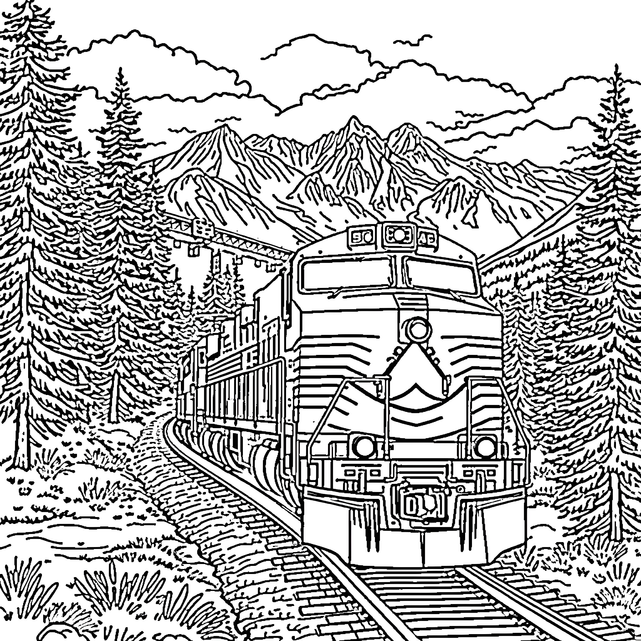Train passing through scenic mountain landscape Coloring Page (free black-and-white line drawing printable PDF for all, from beginners to advanced learners, including children, teens, adults, and seniors)
