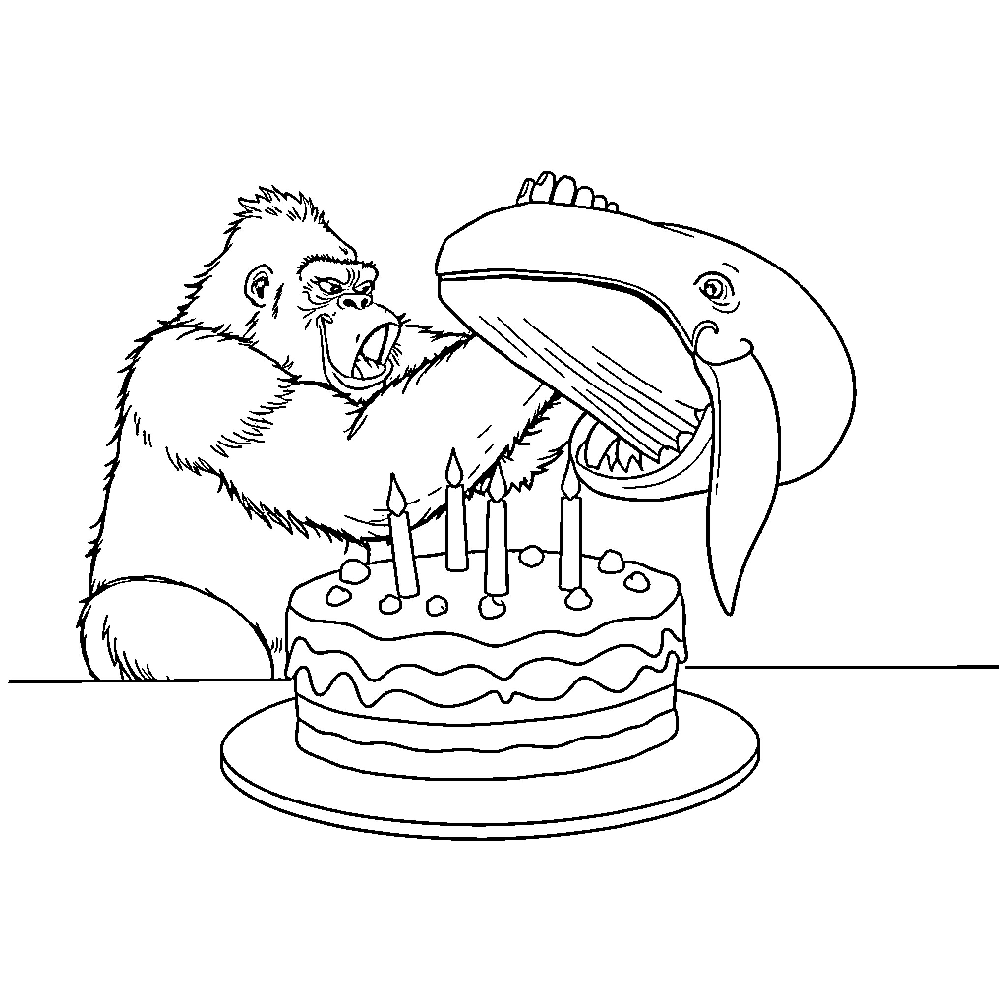 Gorilla celebrating birthday with cake and shark Coloring Page (free black-and-white line drawing printable PDF for all, from beginners to advanced learners, including children, teens, adults, and seniors)