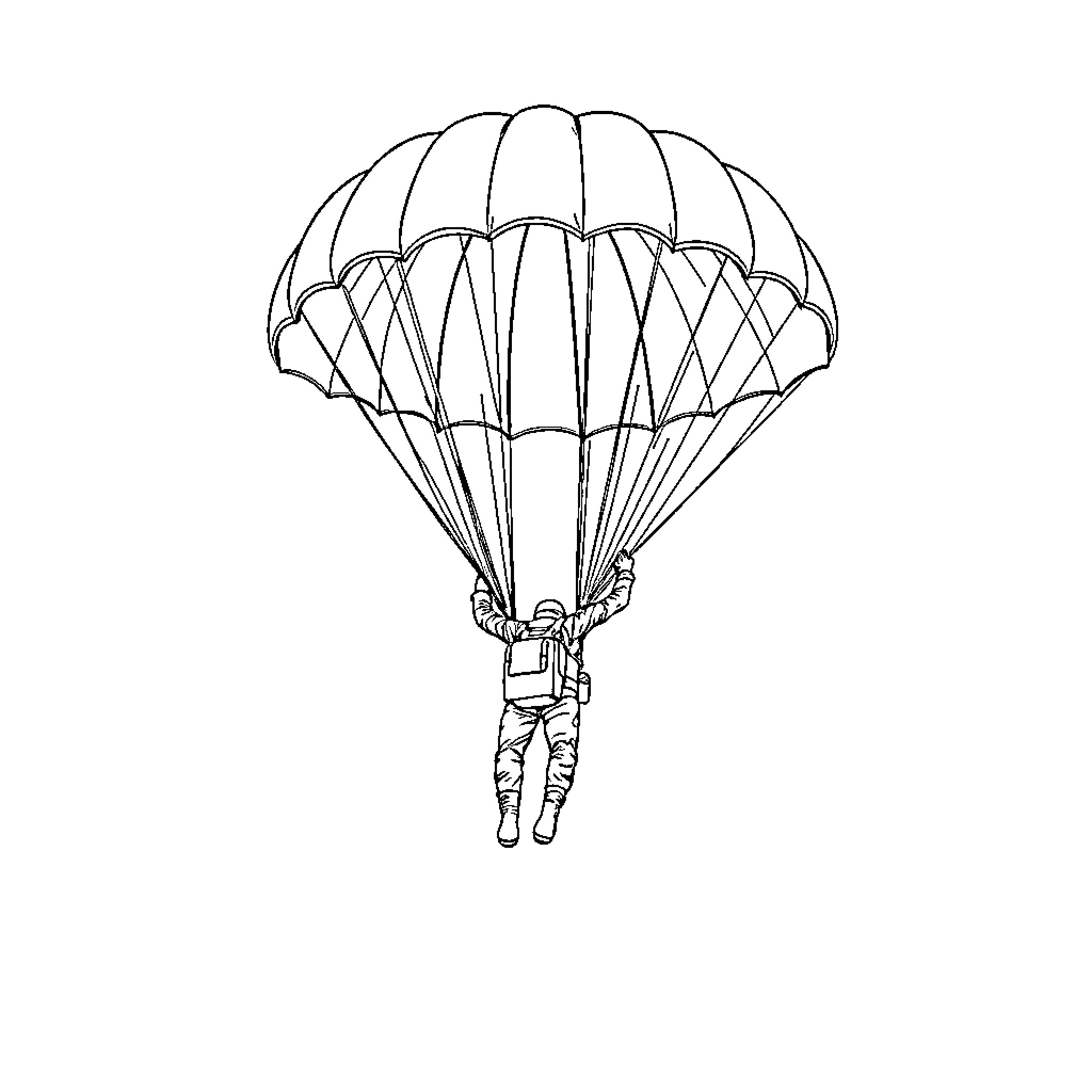 Paratrooper descending with parachute Coloring Page (free black-and-white line drawing printable PDF for all, from beginners to advanced learners, including children, teens, adults, and seniors)