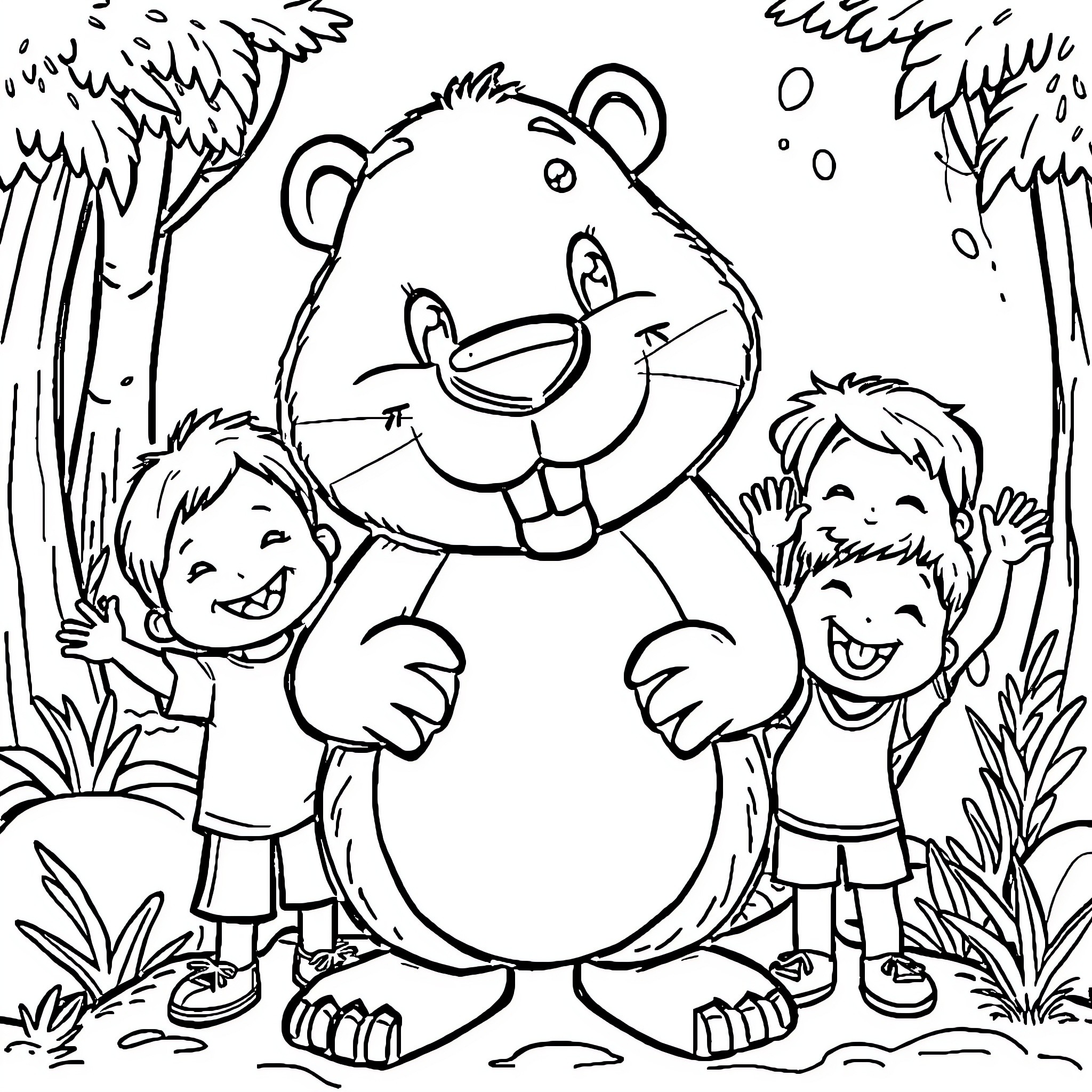 Beaver and happy children in the forest Coloring Page (free black-and-white line drawing printable PDF for all, from beginners to advanced learners, including children, teens, adults, and seniors)