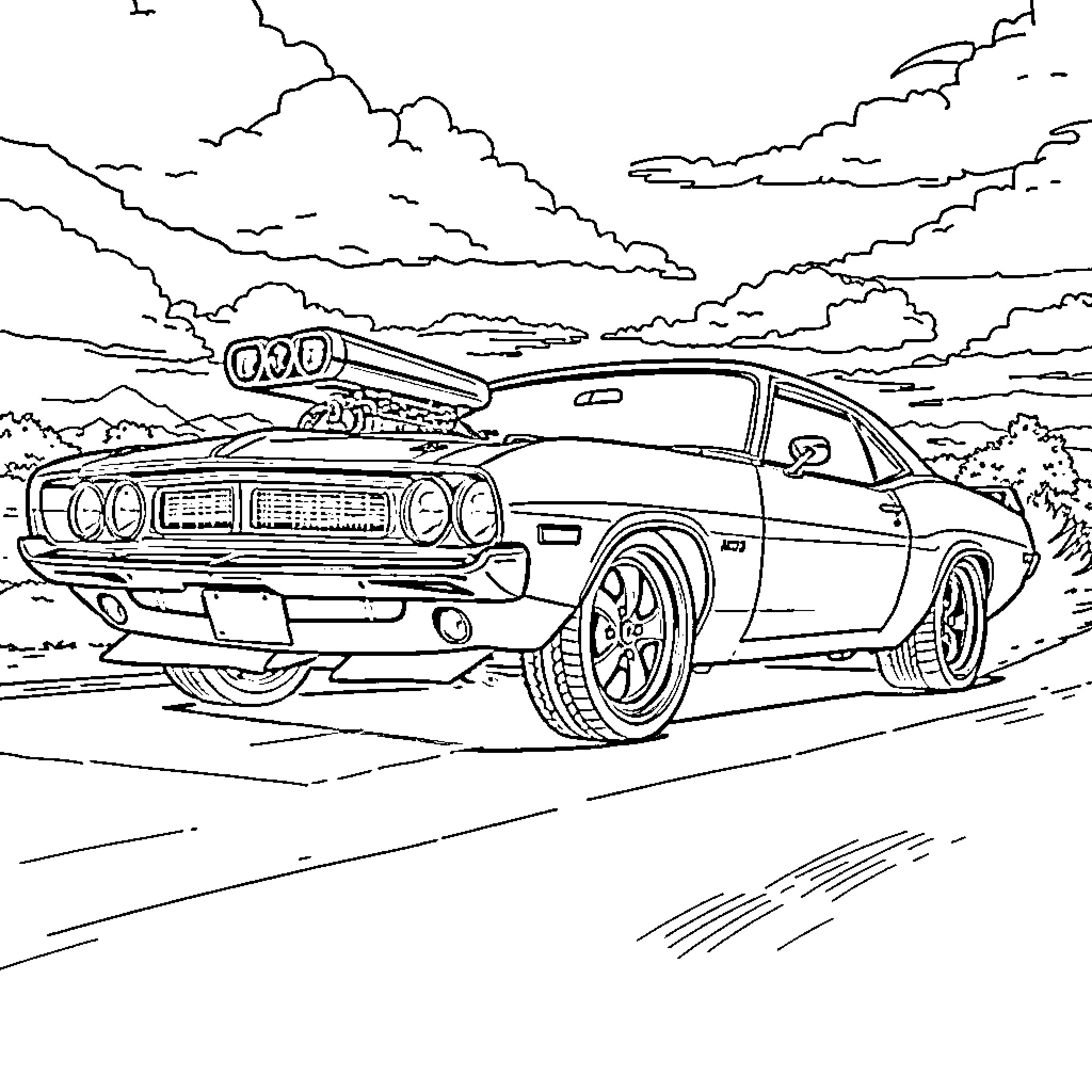 Muscle Car racing on winding road Coloring Page (free black-and-white line drawing printable PDF for all, from beginners to advanced learners, including children, teens, adults, and seniors)