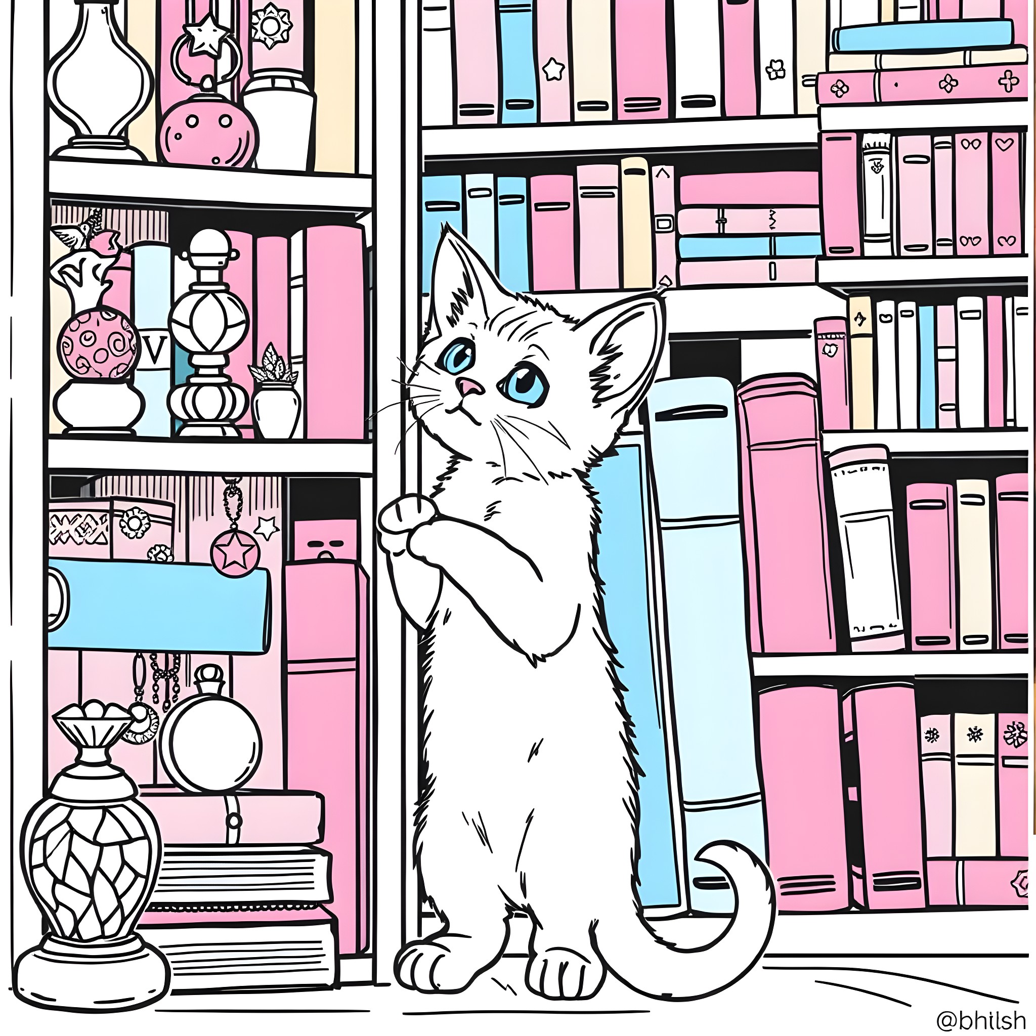 Kitten exploring a colorful bookshelf Coloring Page (free black-and-white line drawing printable PDF for all, from beginners to advanced learners, including children, teens, adults, and seniors)