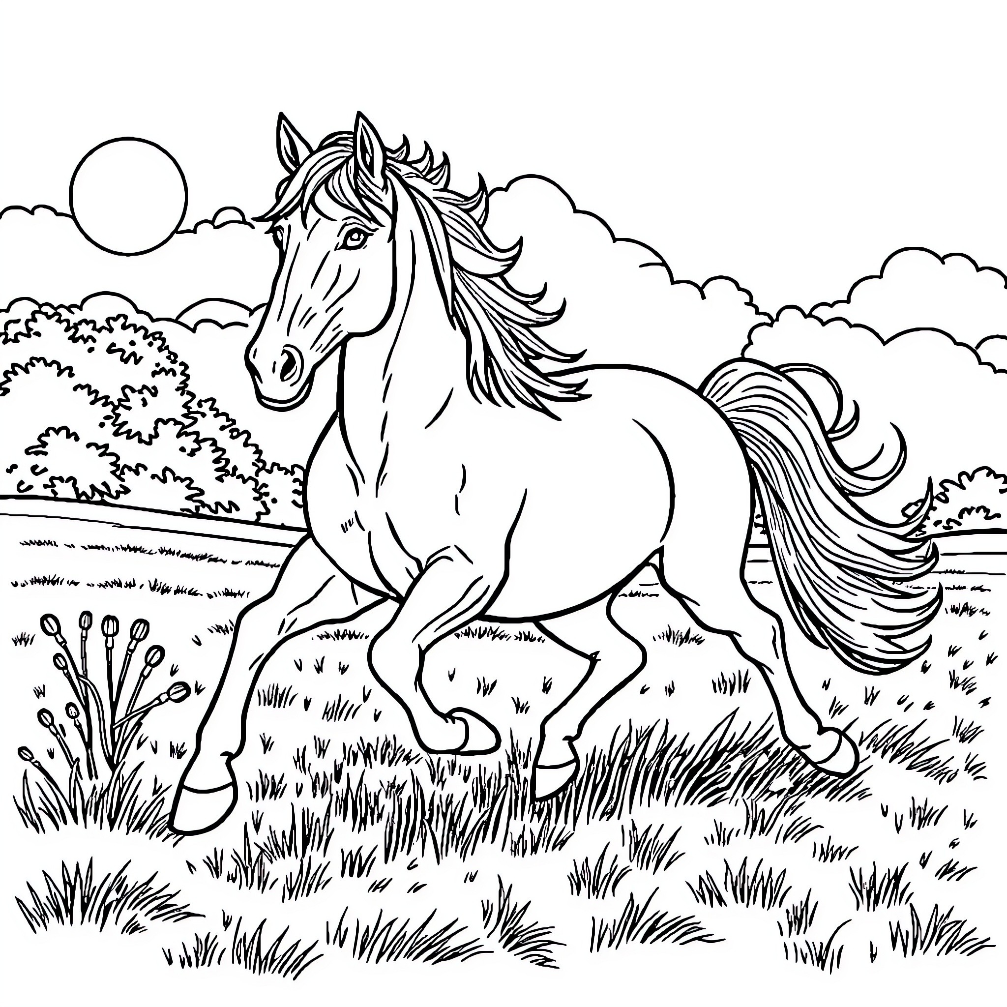 Horse galloping through a lush meadow Coloring Page (free black-and-white line drawing printable PDF for all, from beginners to advanced learners, including children, teens, adults, and seniors)